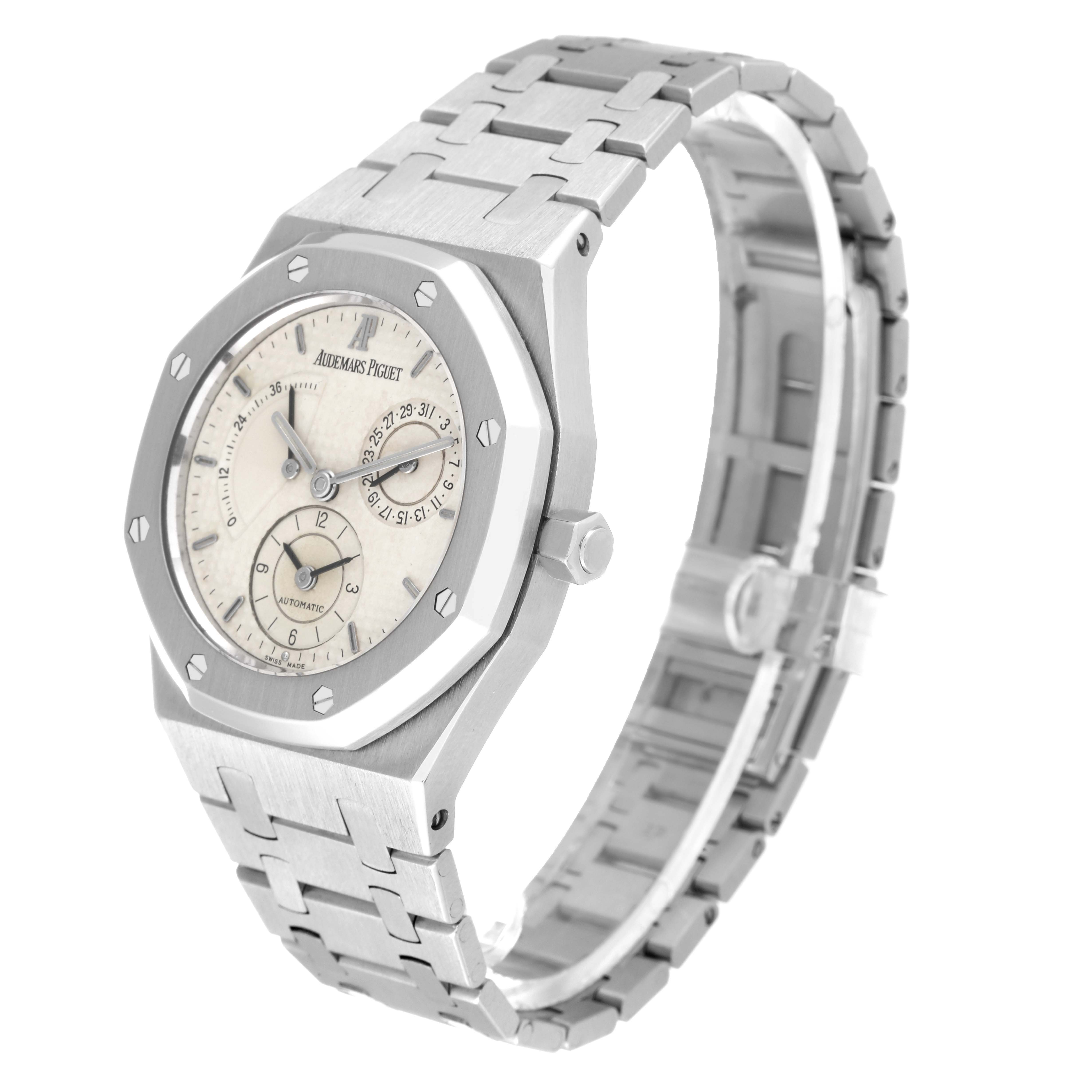 The Audemars Piguet Royal Oak 25730ST Men's Stainless Steel Silver Dial 25730ST Men's Stainless Steel Silver Dial watch is shown at a tilted angle, highlighting its face, bezel, crown, and bracelet.