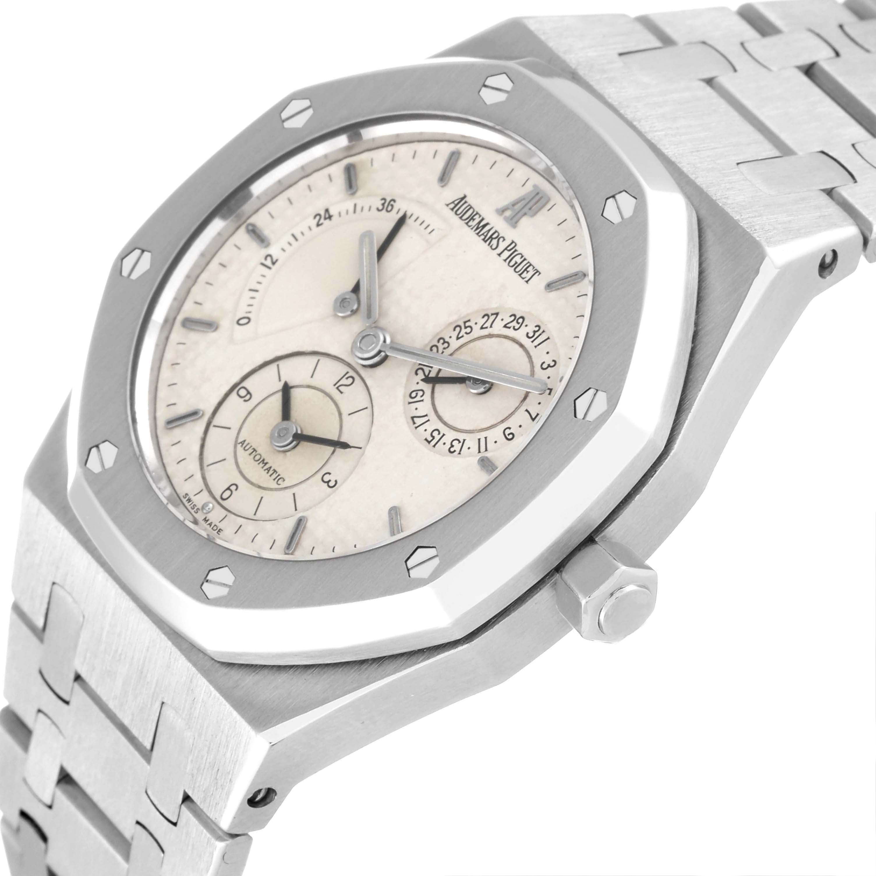 This image shows a close-up side angle of the Audemars Piguet Royal Oak 25730ST Men's Stainless Steel Silver Dial 25730ST Men's Stainless Steel Silver Dial watch, highlighting the dial, bezel, crown, and metal bracelet.