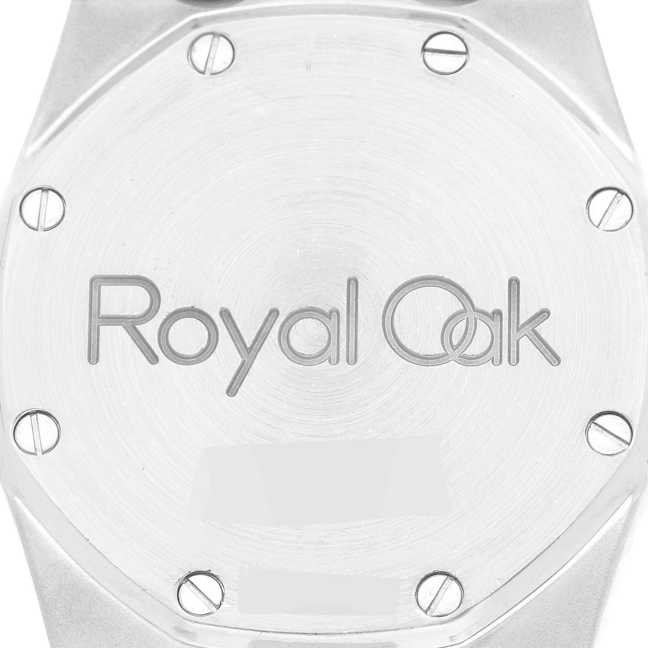 This image displays the case back of an Audemars Piguet Royal Oak 15000SA-O-0789SA Men's Stainless Steel Yellow Dial 15000SA-O-0789SA Men's Stainless Steel Yellow Dial watch, showcasing the engraved model name and visible screws.