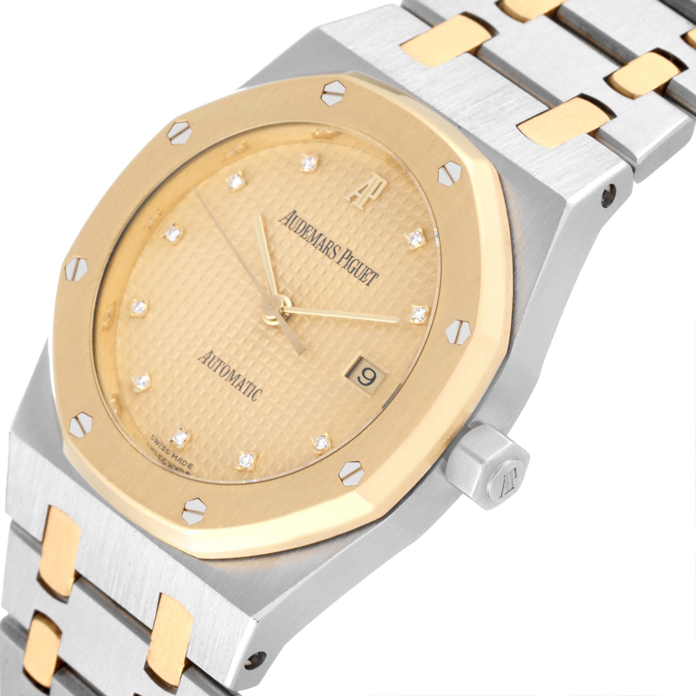 The image shows a close-up angle of the Audemars Piguet Royal Oak 15000SA-O-0789SA Men's Stainless Steel Yellow Dial 15000SA-O-0789SA Men's Stainless Steel Yellow Dial watch, highlighting the dial, bezel, and the start of the bracelet.