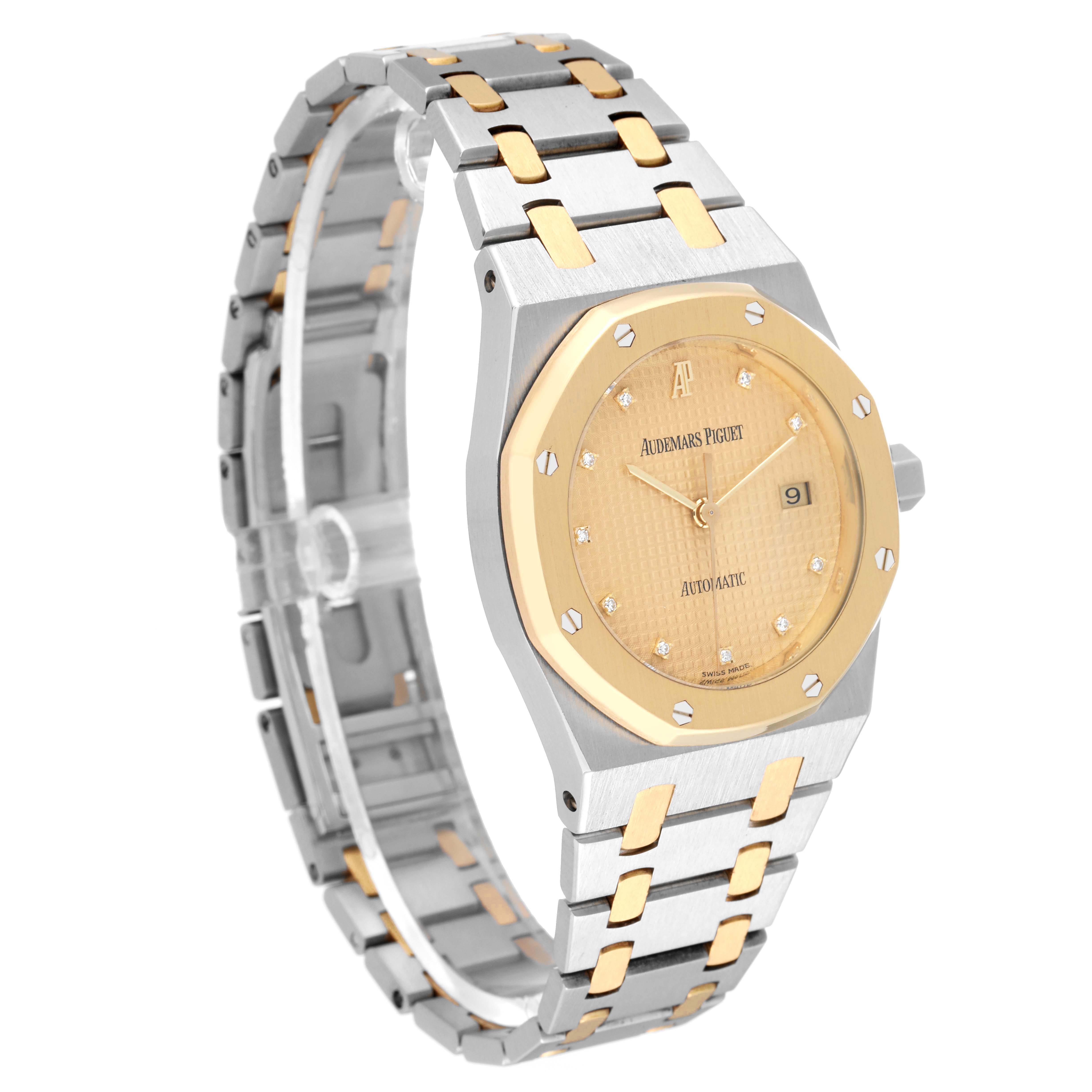 The image shows a Royal Oak by Audemars Piguet from a three-quarter angle, highlighting the face, bezel, and part of the bracelet.