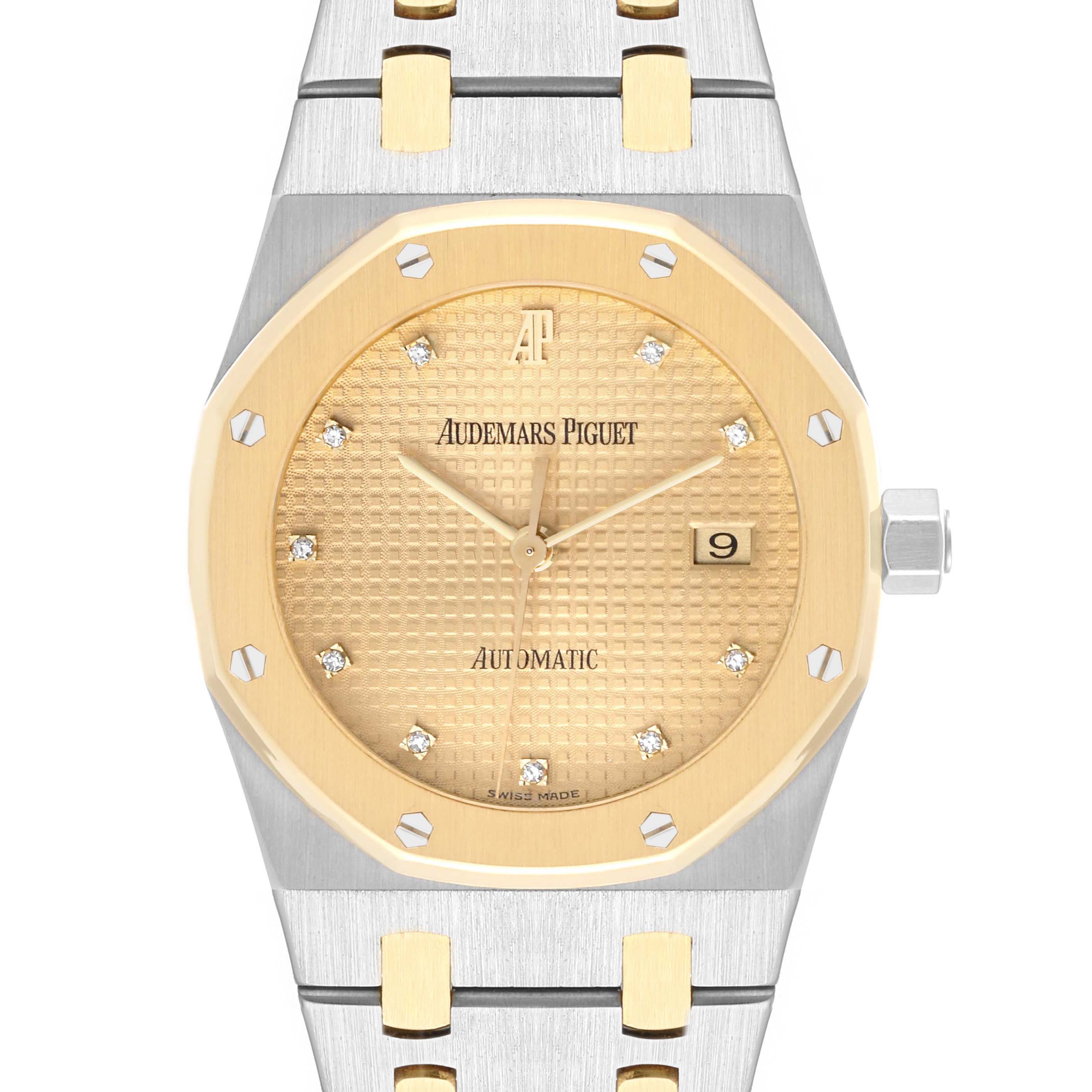 The image shows a front view of the Audemars Piguet Royal Oak 15000SA-O-0789SA Men's Stainless Steel Yellow Dial 15000SA-O-0789SA Men's Stainless Steel Yellow Dial watch, highlighting its dial, hands, date window, and part of the bracelet.