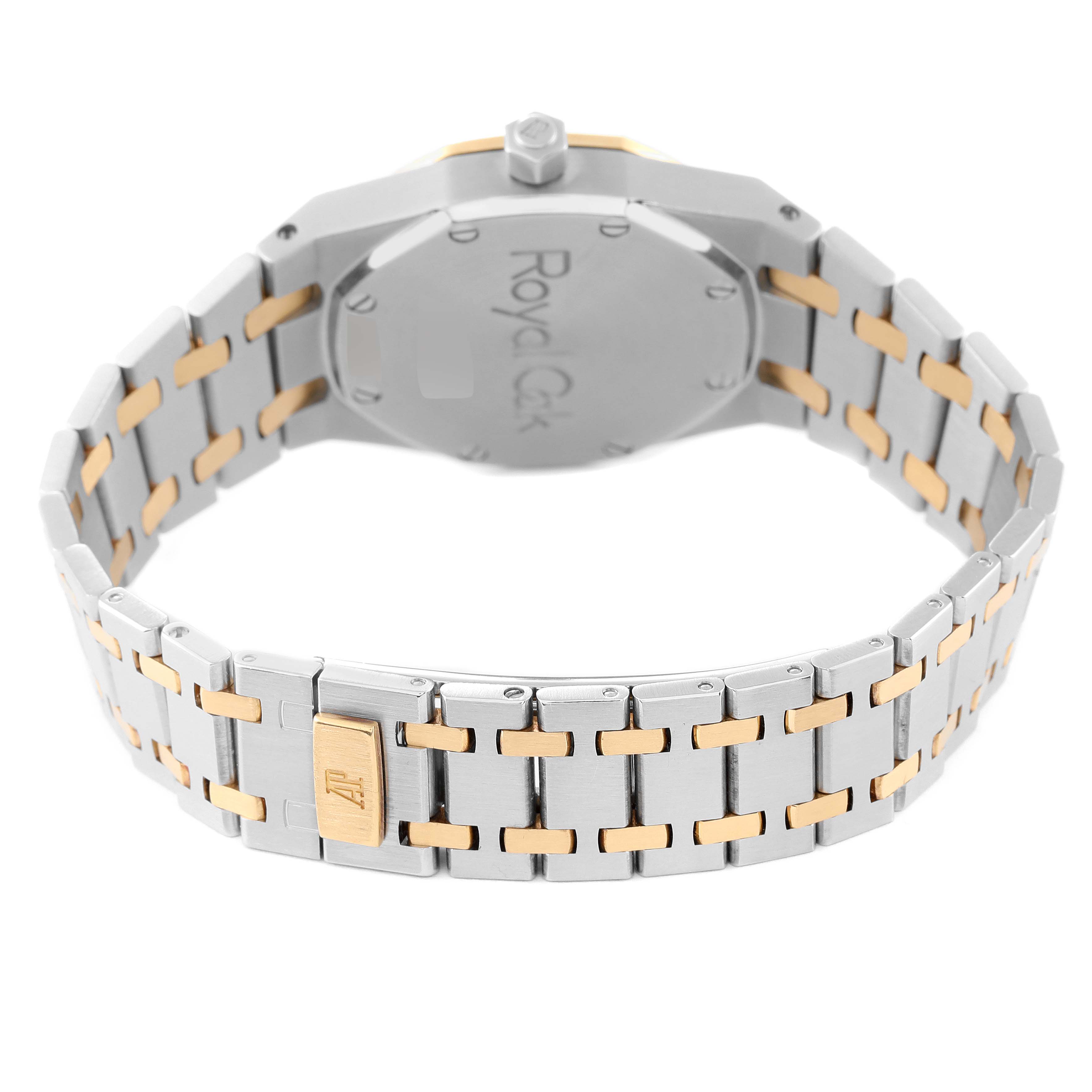 The image shows the back view of the Audemars Piguet Royal Oak 15000SA-O-0789SA Men's Stainless Steel Yellow Dial 15000SA-O-0789SA Men's Stainless Steel Yellow Dial watch, displaying the case back and a two-tone bracelet.