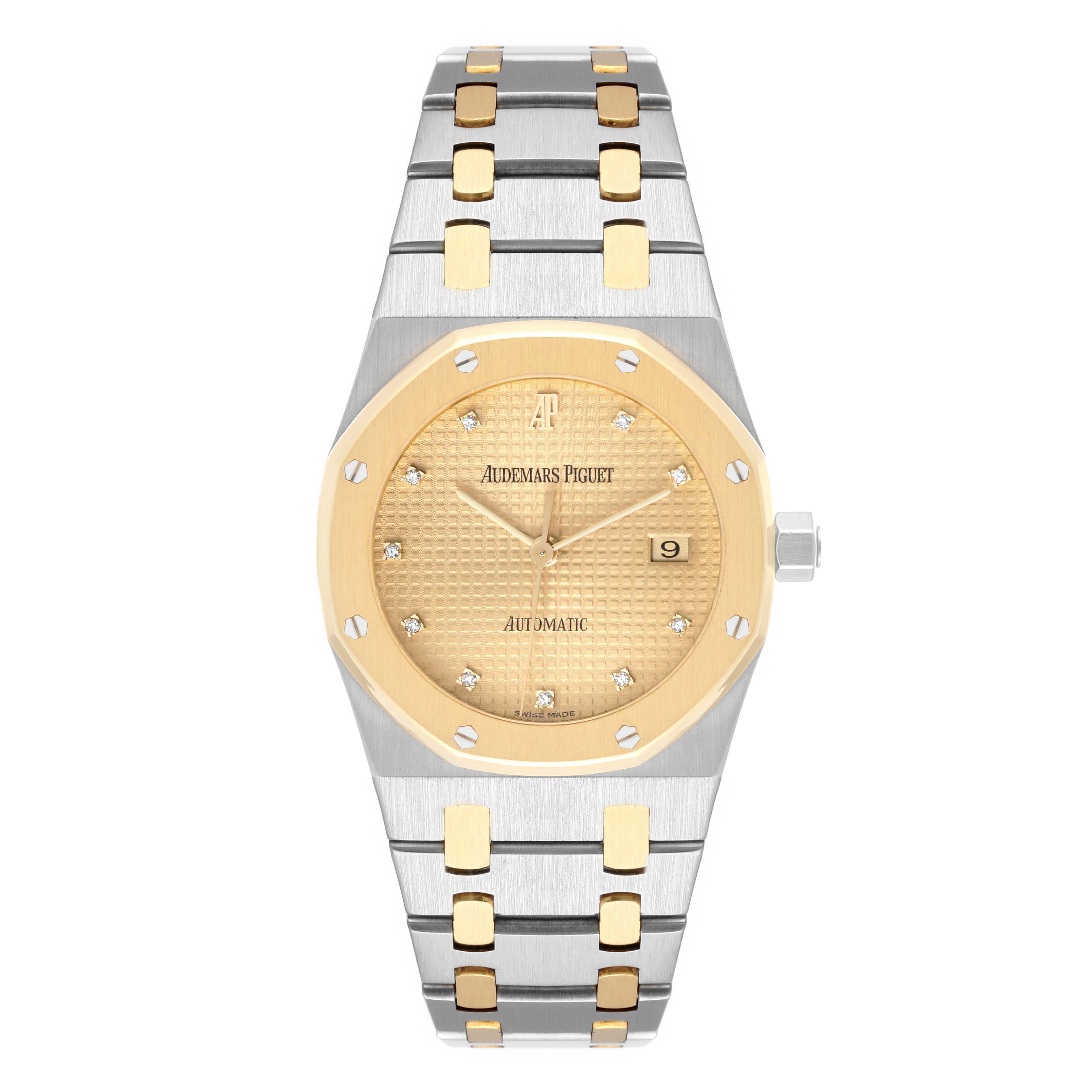 The image shows a front view of the Audemars Piguet Royal Oak 15000SA-O-0789SA Men's Stainless Steel Yellow Dial 15000SA-O-0789SA Men's Stainless Steel Yellow Dial watch, highlighting its gold dial, bezel, and two-tone bracelet.