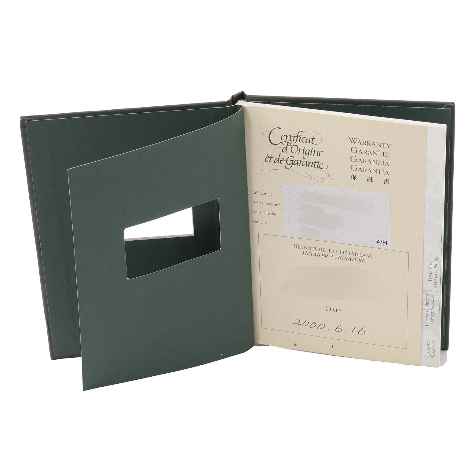 The image shows the warranty booklet for the Audemars Piguet Royal Oak 15000SA-O-0789SA Men's Stainless Steel Yellow Dial 15000SA-O-0789SA Men's Stainless Steel Yellow Dial model, opened with visible certificates and documents inside.