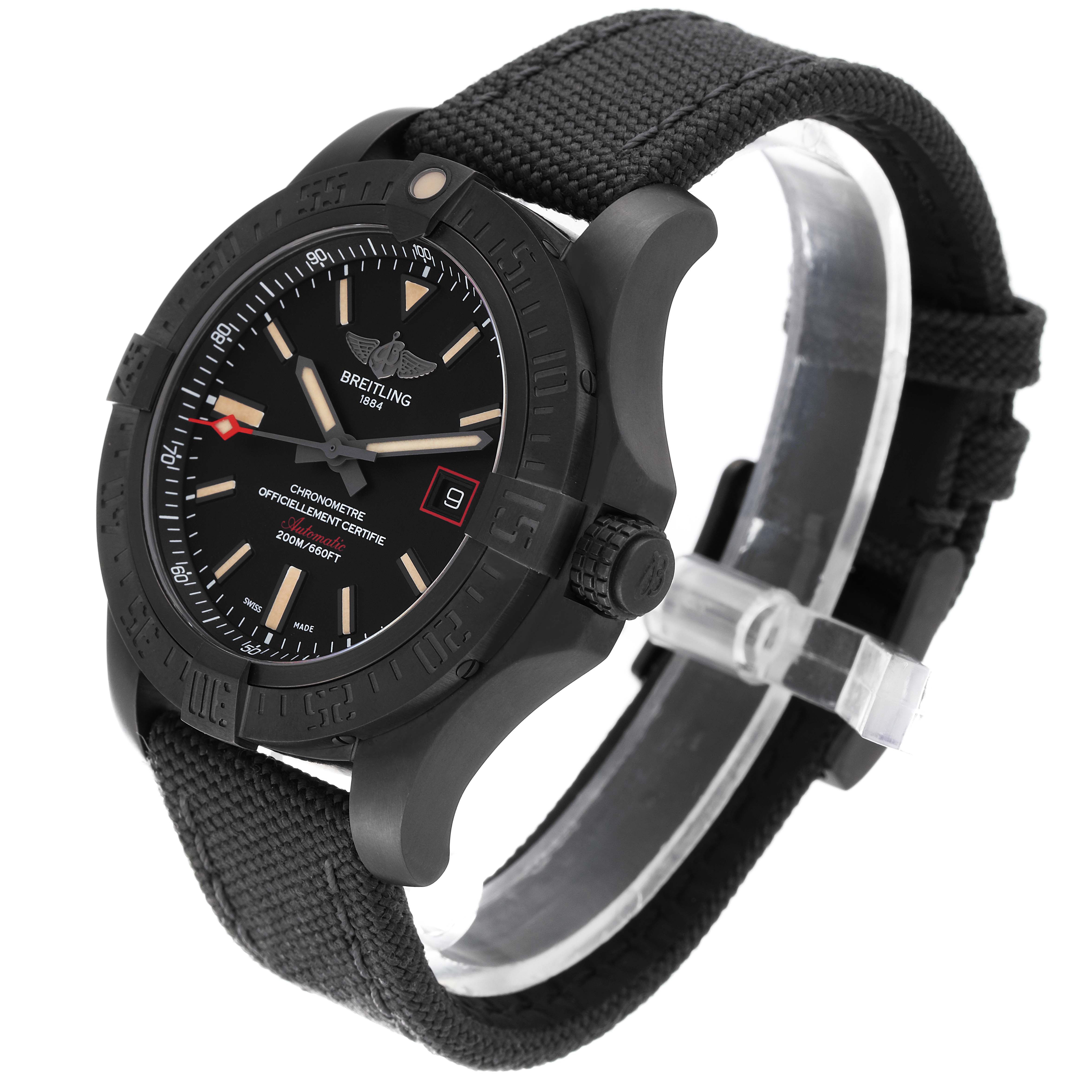 The image shows a Breitling Avenger V1731110B1W1 Men's Titanium Black Dial V1731110B1W1 Men's Titanium Black Dial watch at a three-quarter angle, displaying the face, crown, bezel, and black strap.