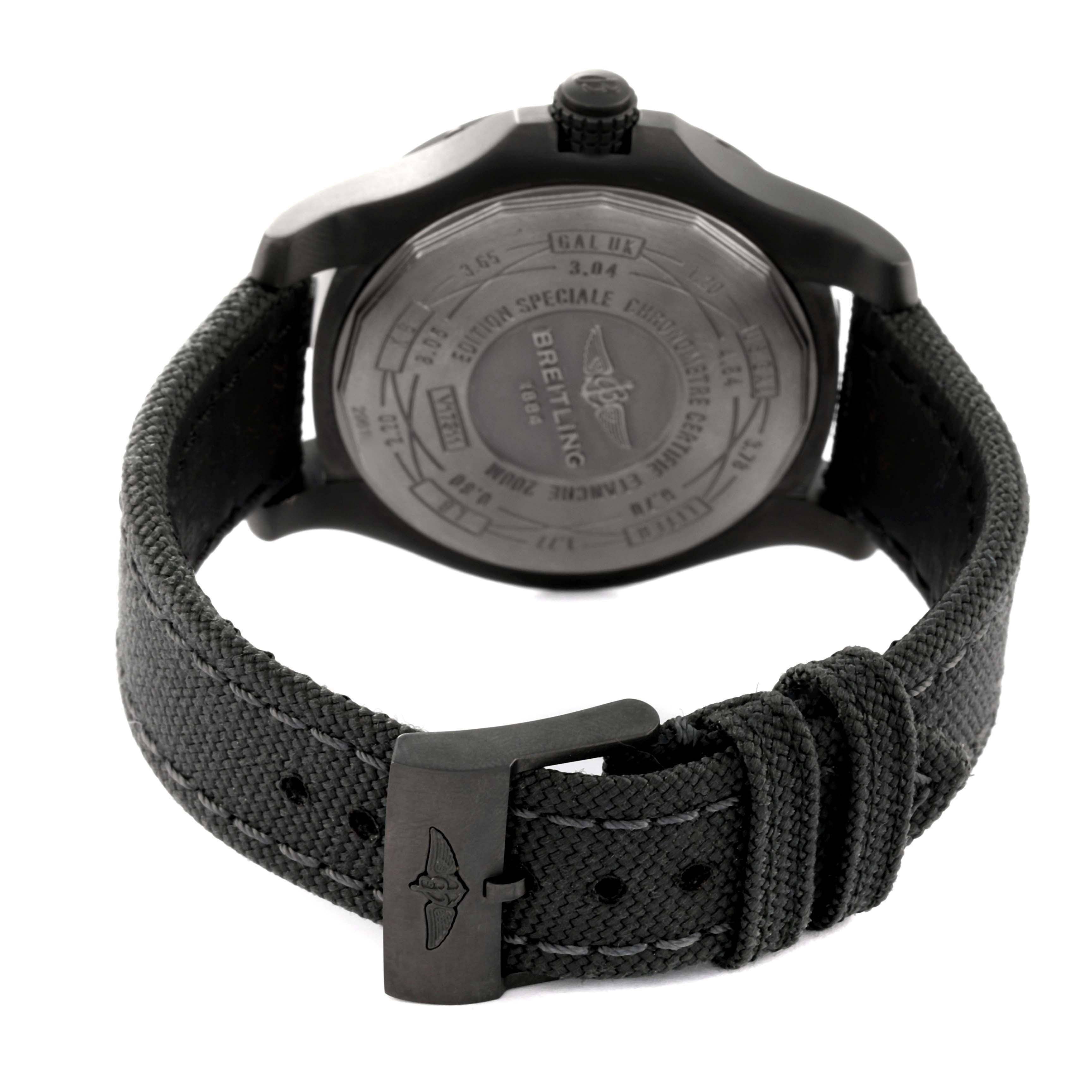 The image shows the back view of a Breitling Avenger V1731110B1W1 Men's Titanium Black Dial V1731110B1W1 Men's Titanium Black Dial watch, including the case back and fabric strap with a buckle.