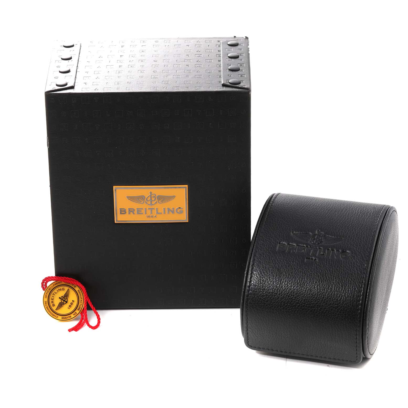 The image shows the Breitling Avenger V1731110B1W1 Men's Titanium Black Dial V1731110B1W1 Men's Titanium Black Dial model packaging, including a black box, leather case, and tag with a red string.