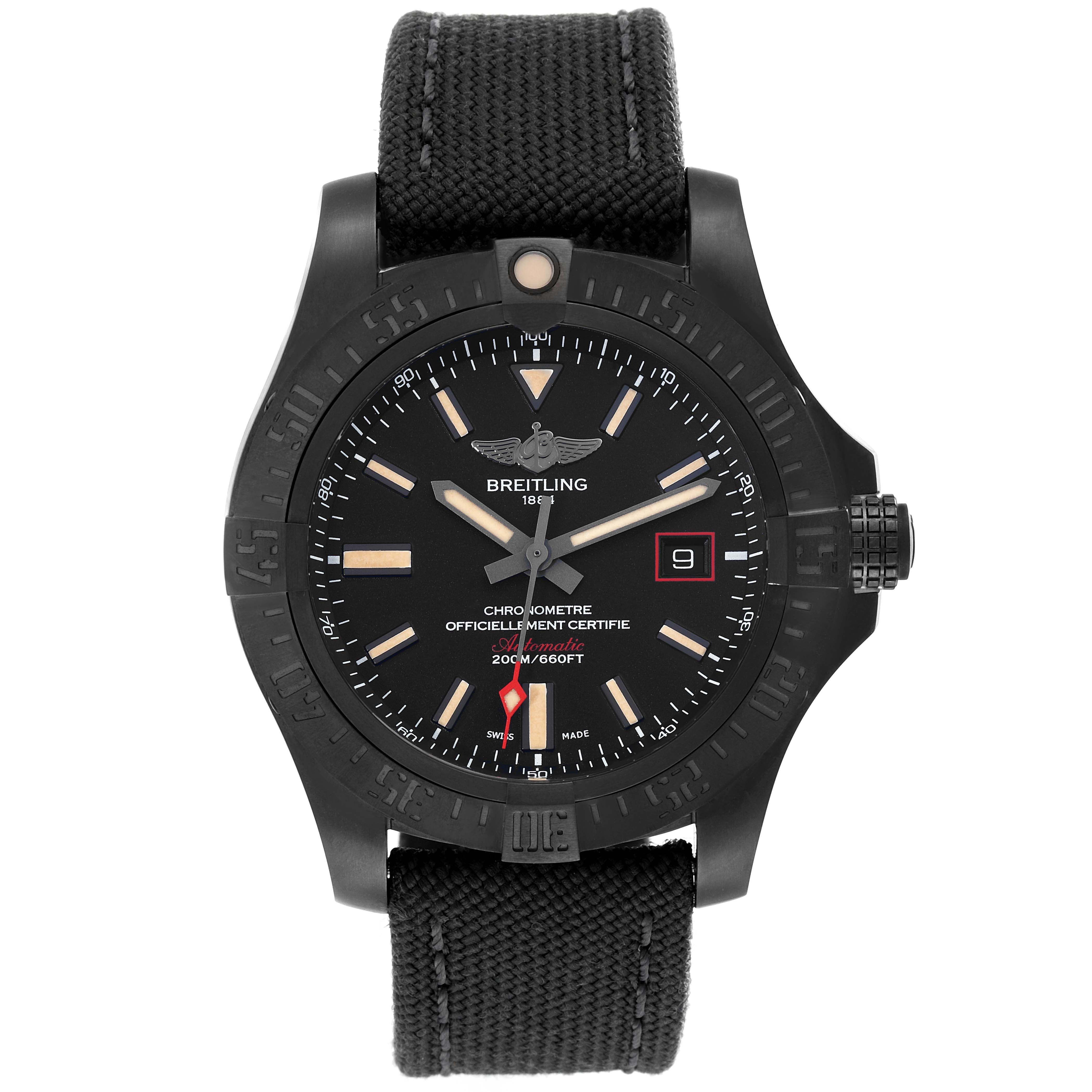 The image shows a front view of the Breitling Avenger V1731110B1W1 Men's Titanium Black Dial V1731110B1W1 Men's Titanium Black Dial watch, highlighting the dial, bezel, hands, date display, and strap.