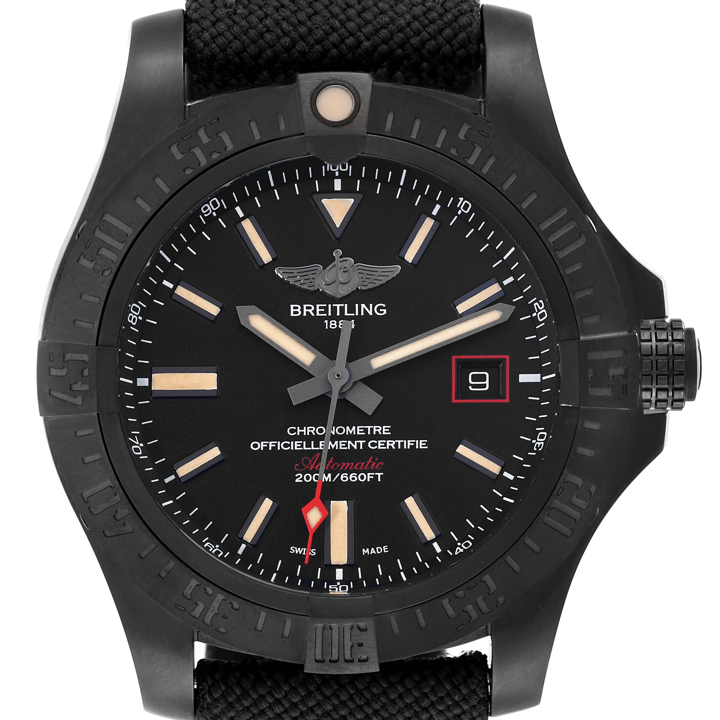 This image shows a front view of a Breitling Avenger V1731110B1W1 Men's Titanium Black Dial V1731110B1W1 Men's Titanium Black Dial watch, featuring its face, bezel, and crown.