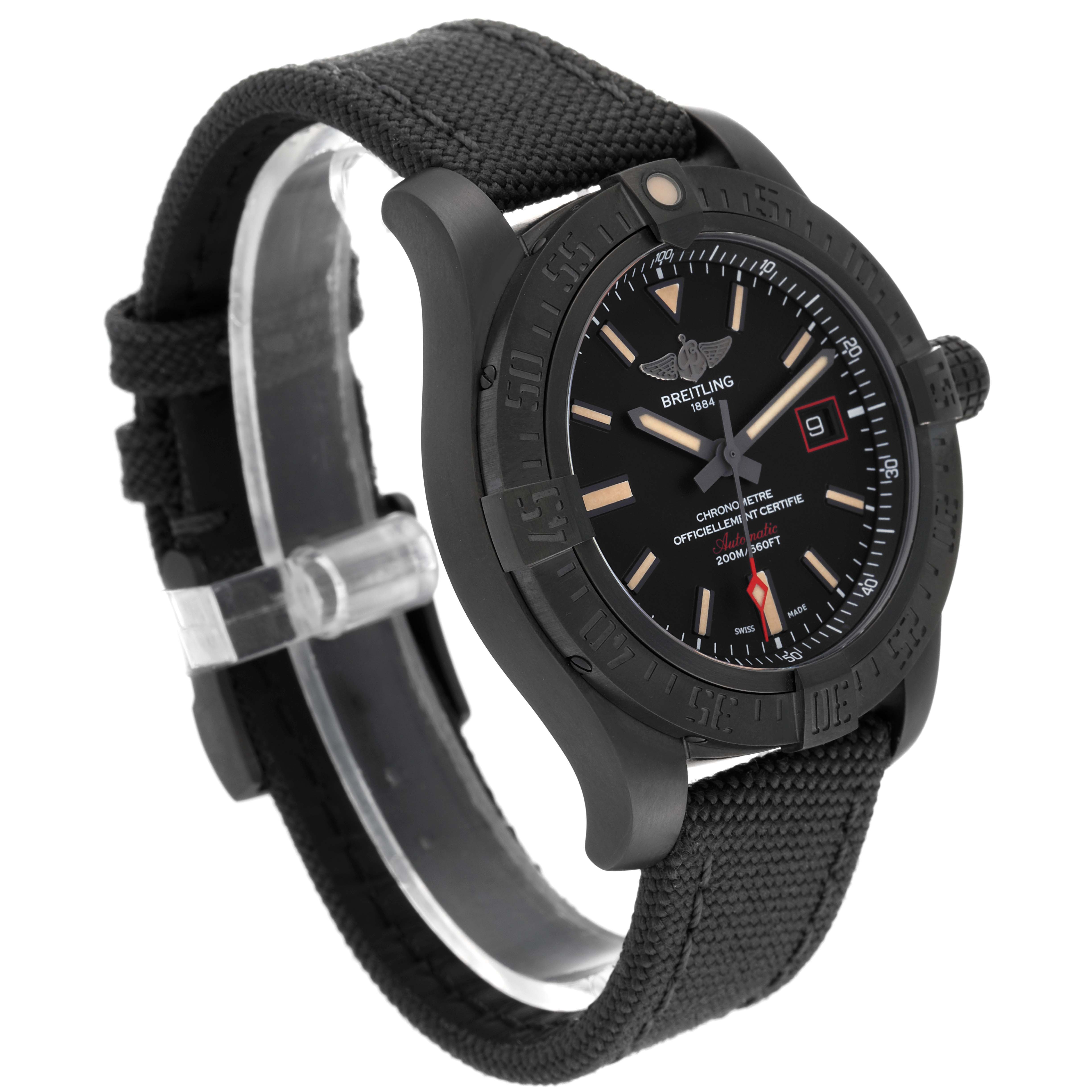 The image shows a Breitling Avenger V1731110B1W1 Men's Titanium Black Dial V1731110B1W1 Men's Titanium Black Dial watch from a front-left angle, highlighting its face, bezel, and black fabric strap.