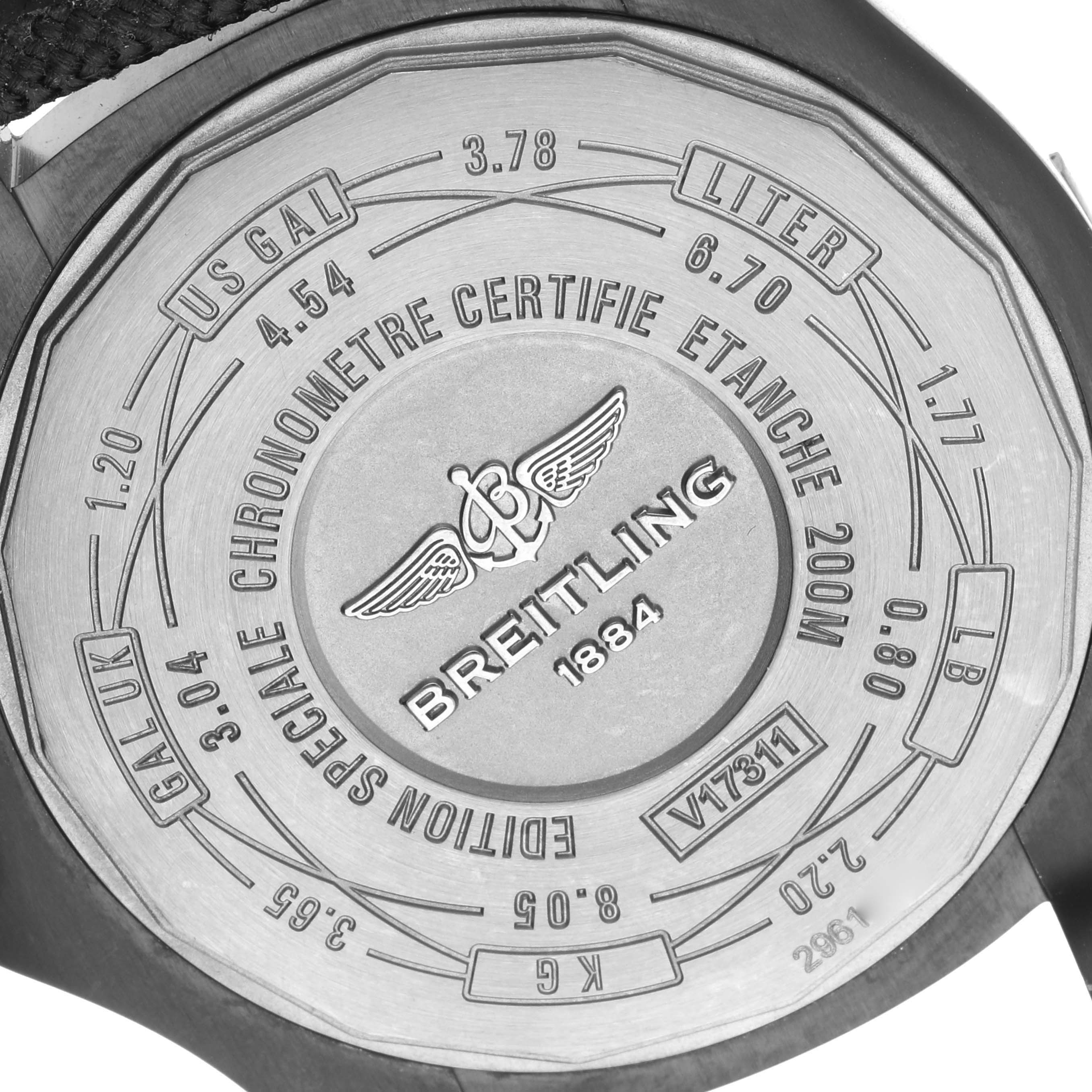 This is the case back of a Breitling Avenger V1731110B1W1 Men's Titanium Black Dial V1731110B1W1 Men's Titanium Black Dial watch, featuring model information and conversion charts.