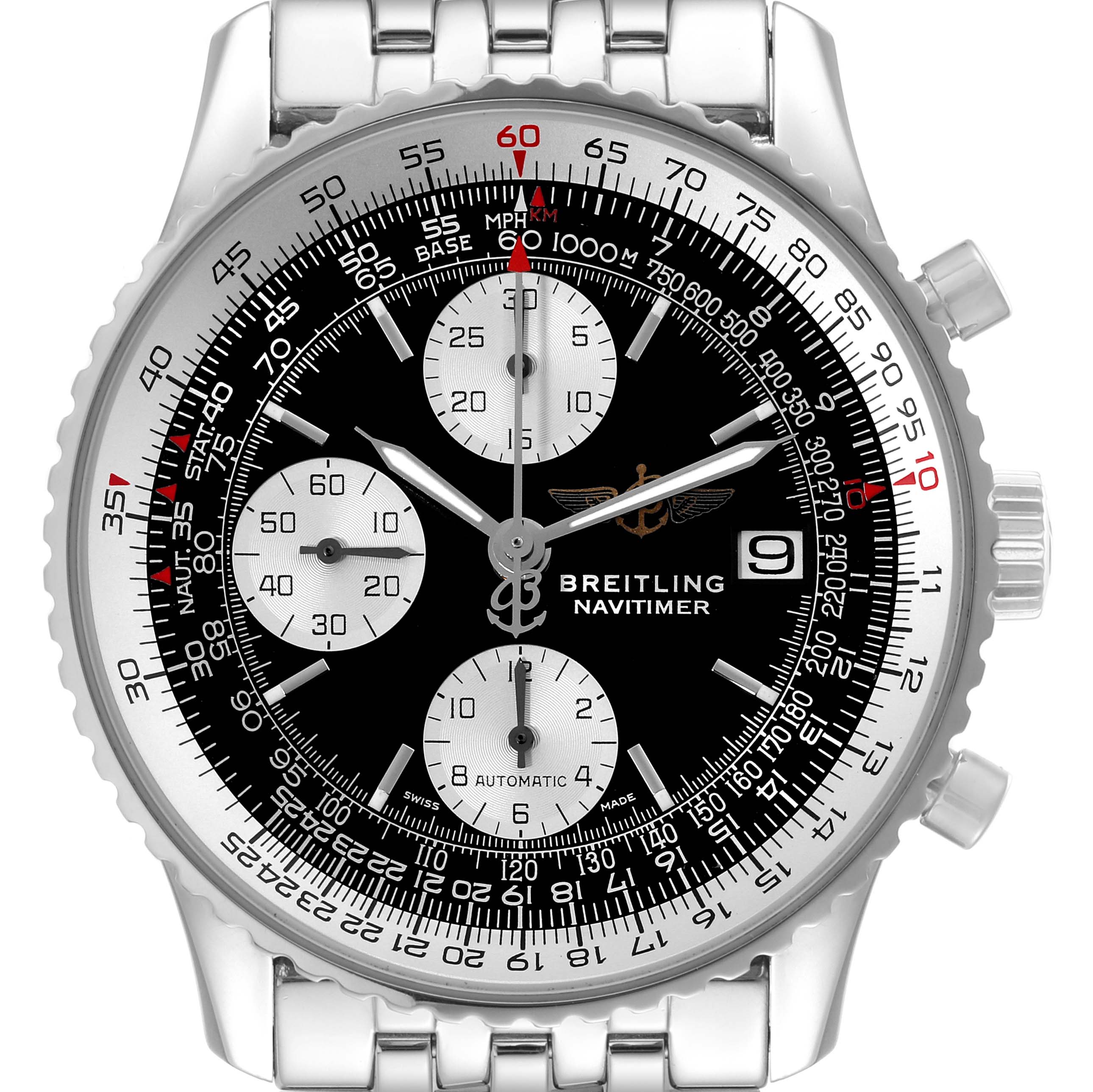 This image shows a front view of a Breitling Navitimer A13322 Men's Stainless Steel Black Dial A13322 Men's Stainless Steel Black Dial watch, showcasing the dial, subdials, bezel, and part of the bracelet.