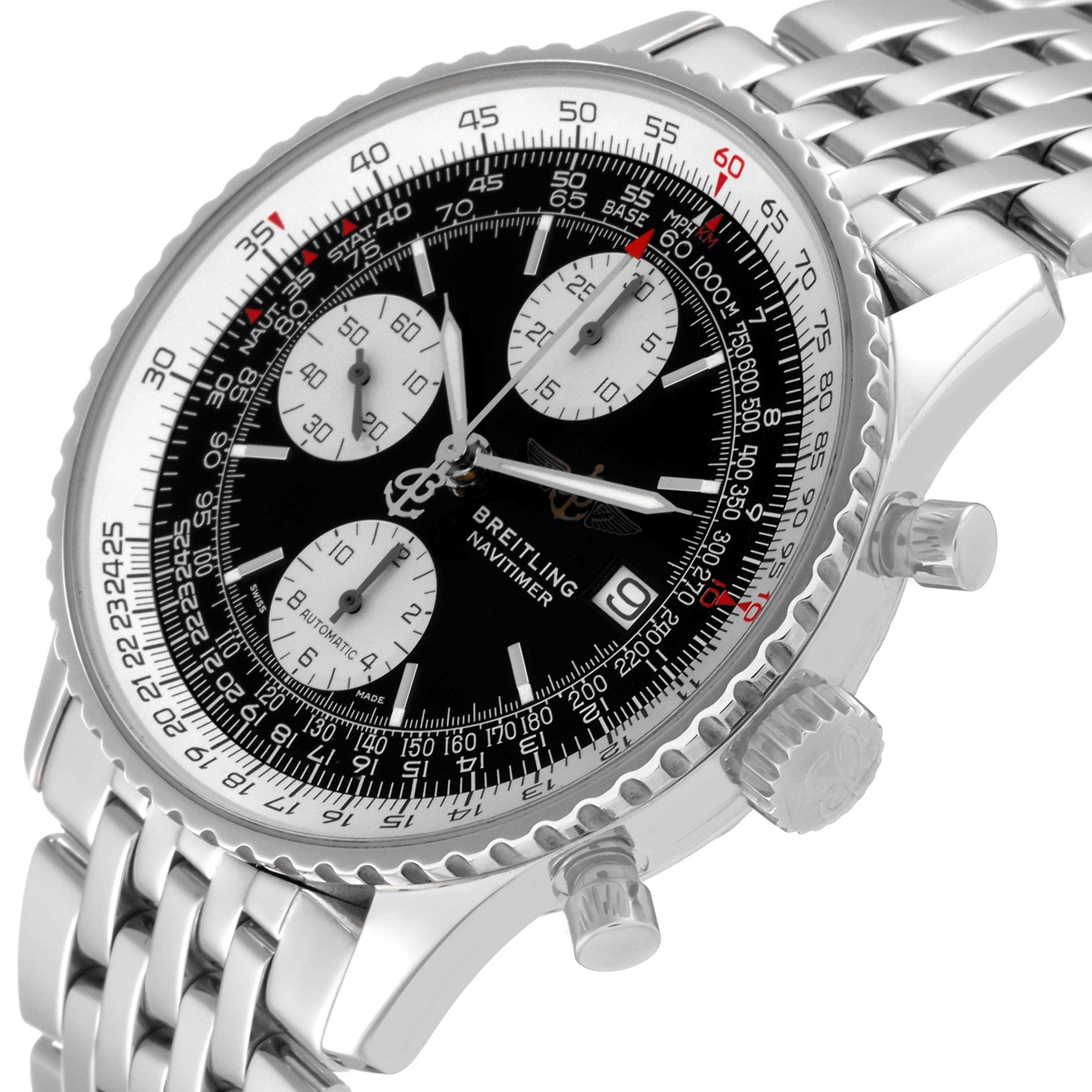 The Breitling Navitimer A13322 Men's Stainless Steel Black Dial A13322 Men's Stainless Steel Black Dial model watch is shown at a slight angle, highlighting its stainless steel bracelet, chronograph subdials, and date window.