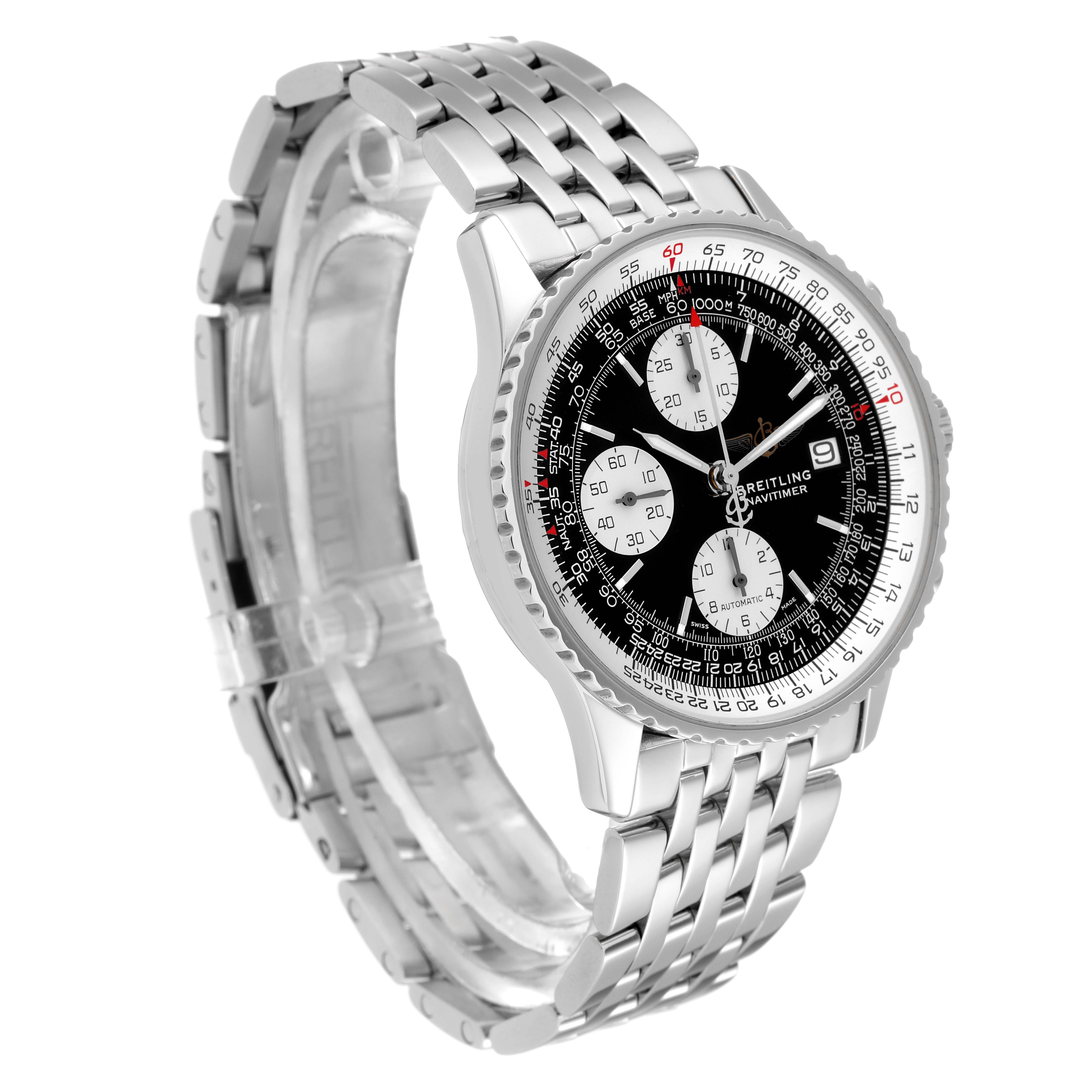 The Breitling Navitimer A13322 Men's Stainless Steel Black Dial A13322 Men's Stainless Steel Black Dial watch is shown at a slight angle, highlighting its face, bezel, and part of the metal bracelet.