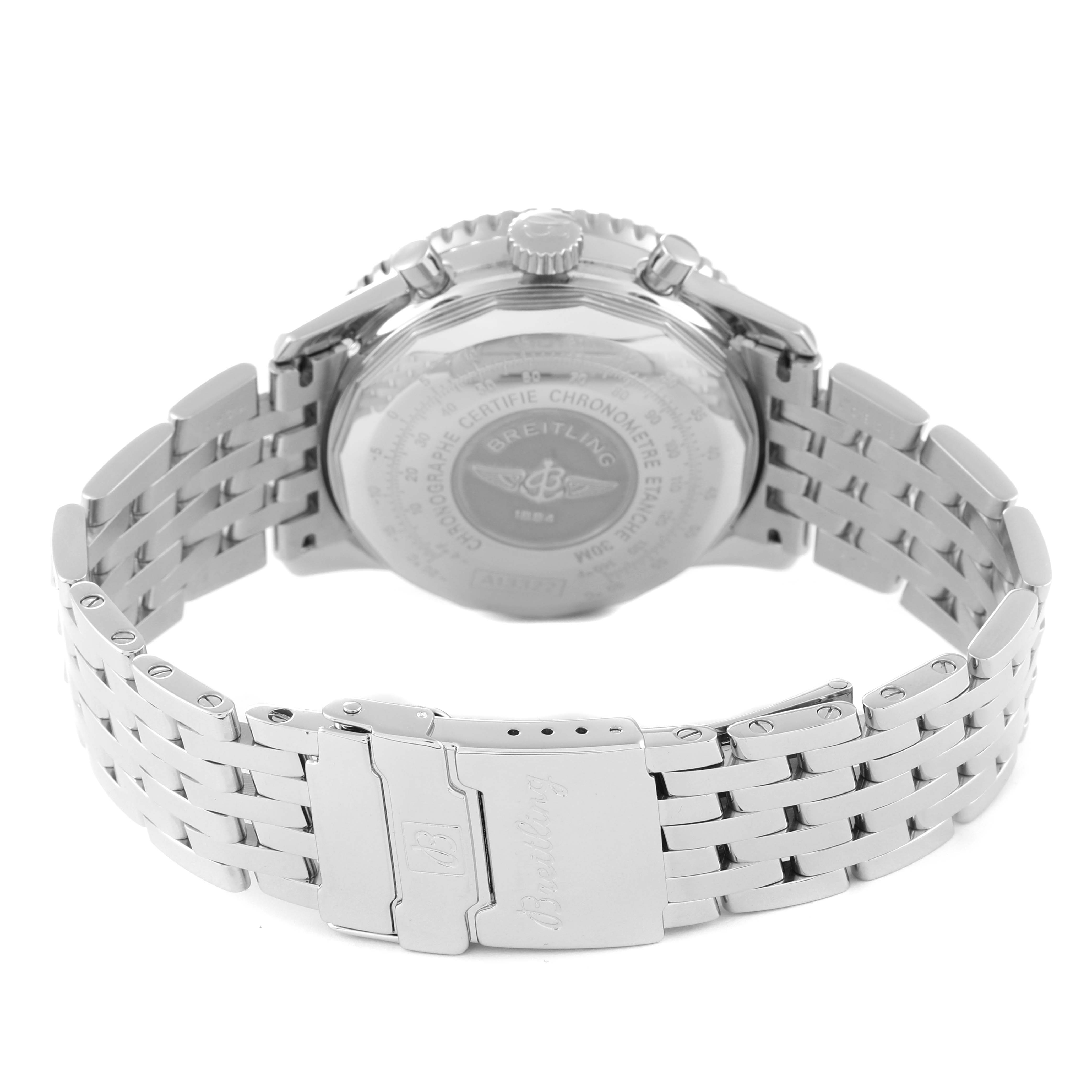 The image shows the back and bracelet of a Breitling Navitimer A13322 Men's Stainless Steel Black Dial A13322 Men's Stainless Steel Black Dial watch in a rear view angle.