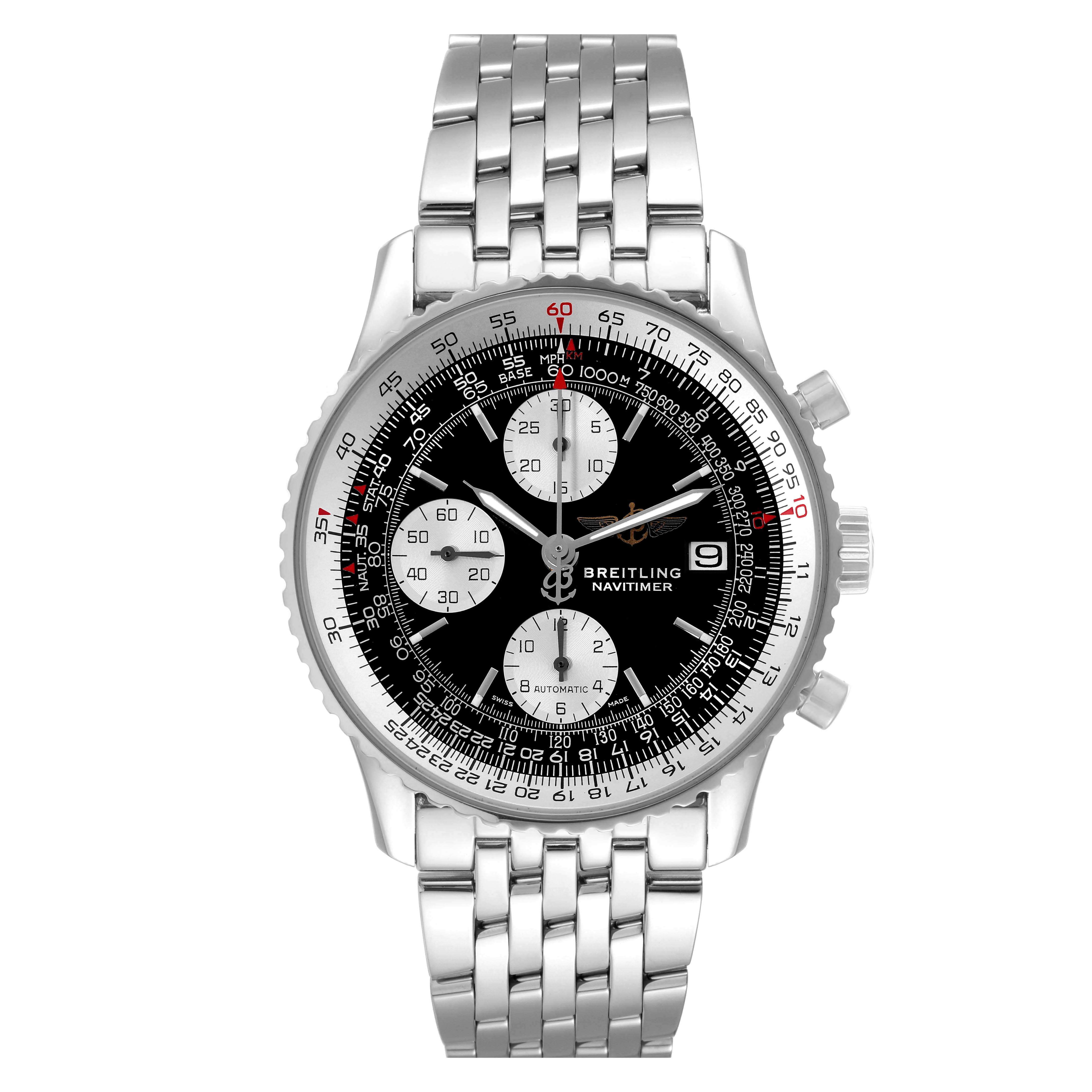 The image shows a front view of a Breitling Navitimer A13322 Men's Stainless Steel Black Dial A13322 Men's Stainless Steel Black Dial watch, featuring its face, bezel, chronograph subdials, and metal bracelet strap.