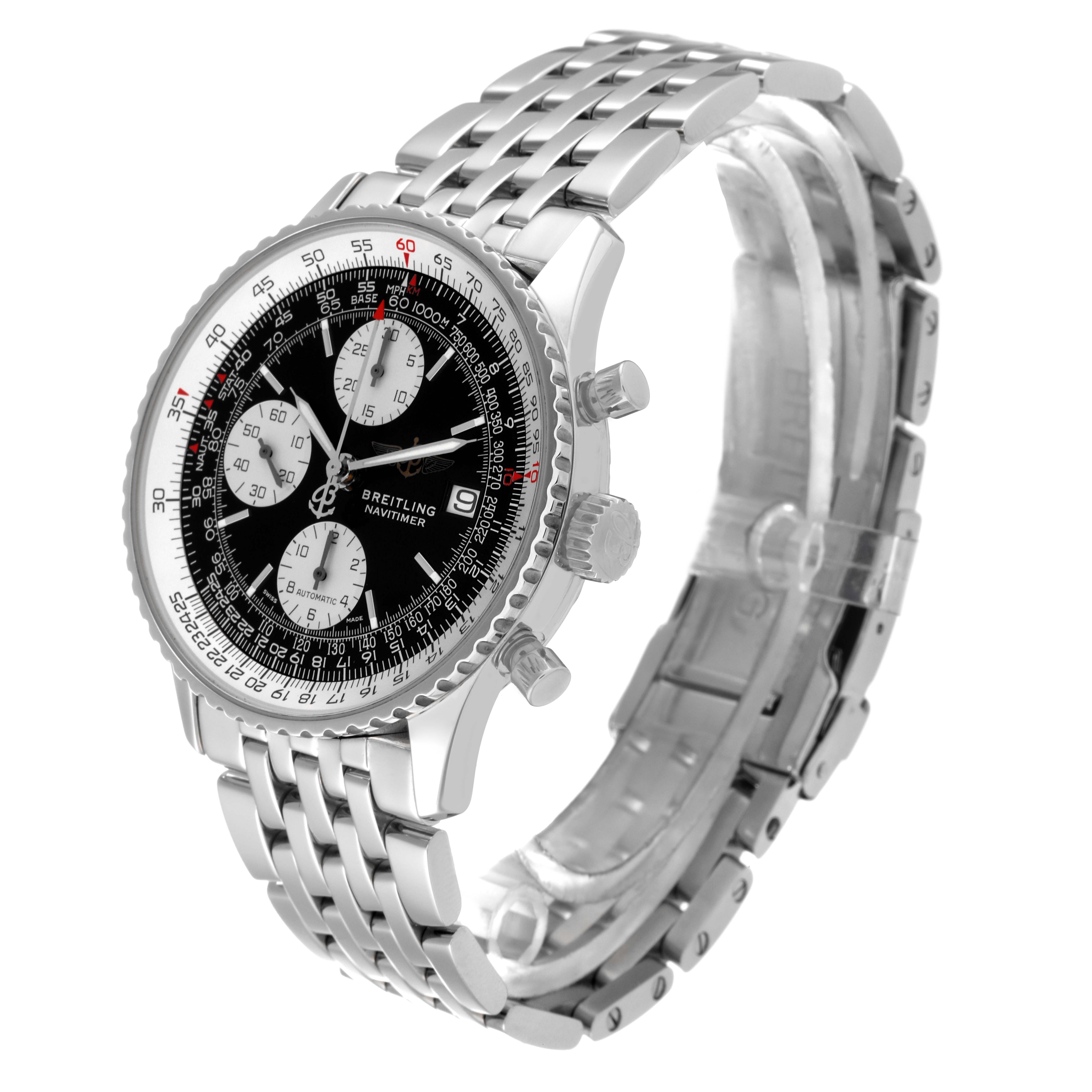The Breitling Navitimer A13322 Men's Stainless Steel Black Dial A13322 Men's Stainless Steel Black Dial watch is shown at a three-quarter angle, displaying the face, bezel, crown, pushers, and bracelet.