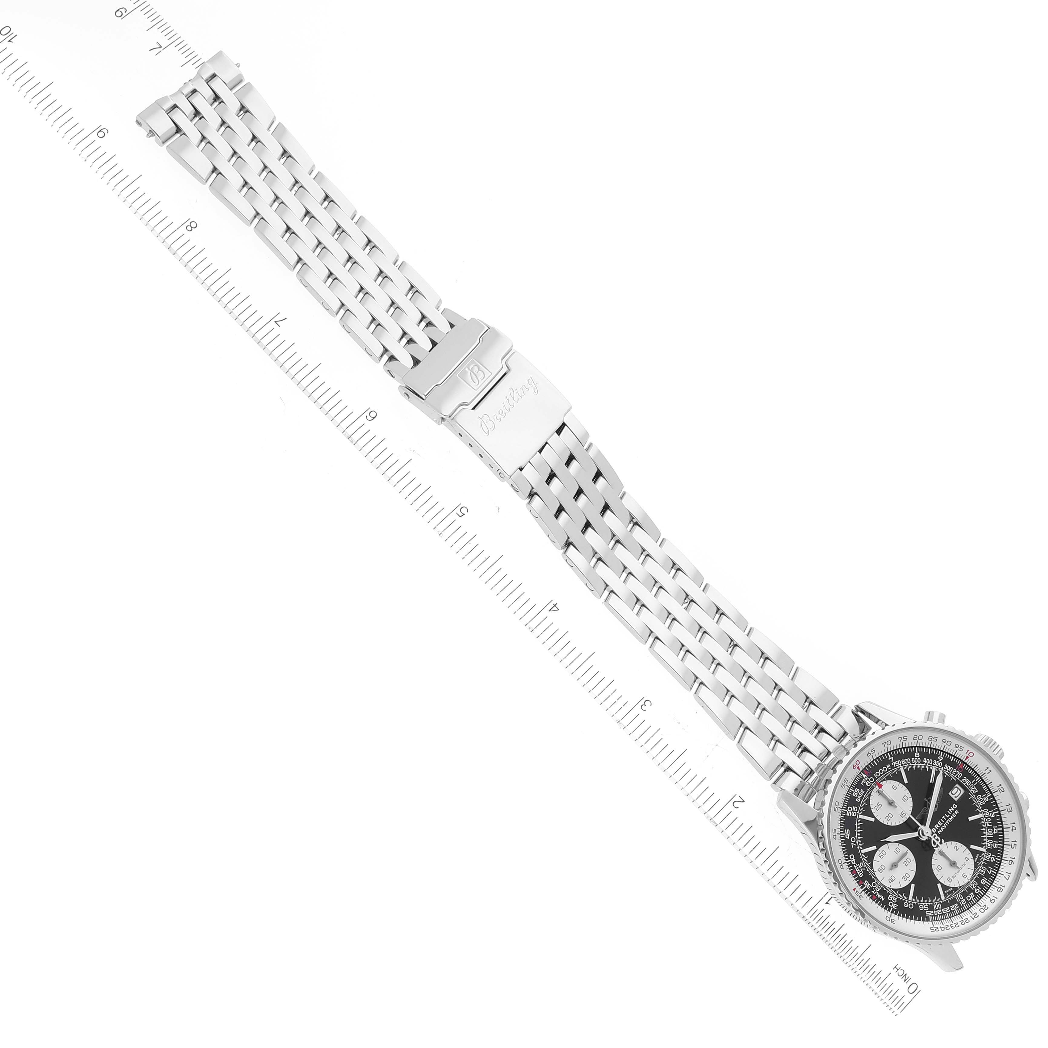 The image displays a Breitling Navitimer A13322 Men's Stainless Steel Black Dial A13322 Men's Stainless Steel Black Dial watch from an overhead angle, highlighting its face, bracelet, and clasp.