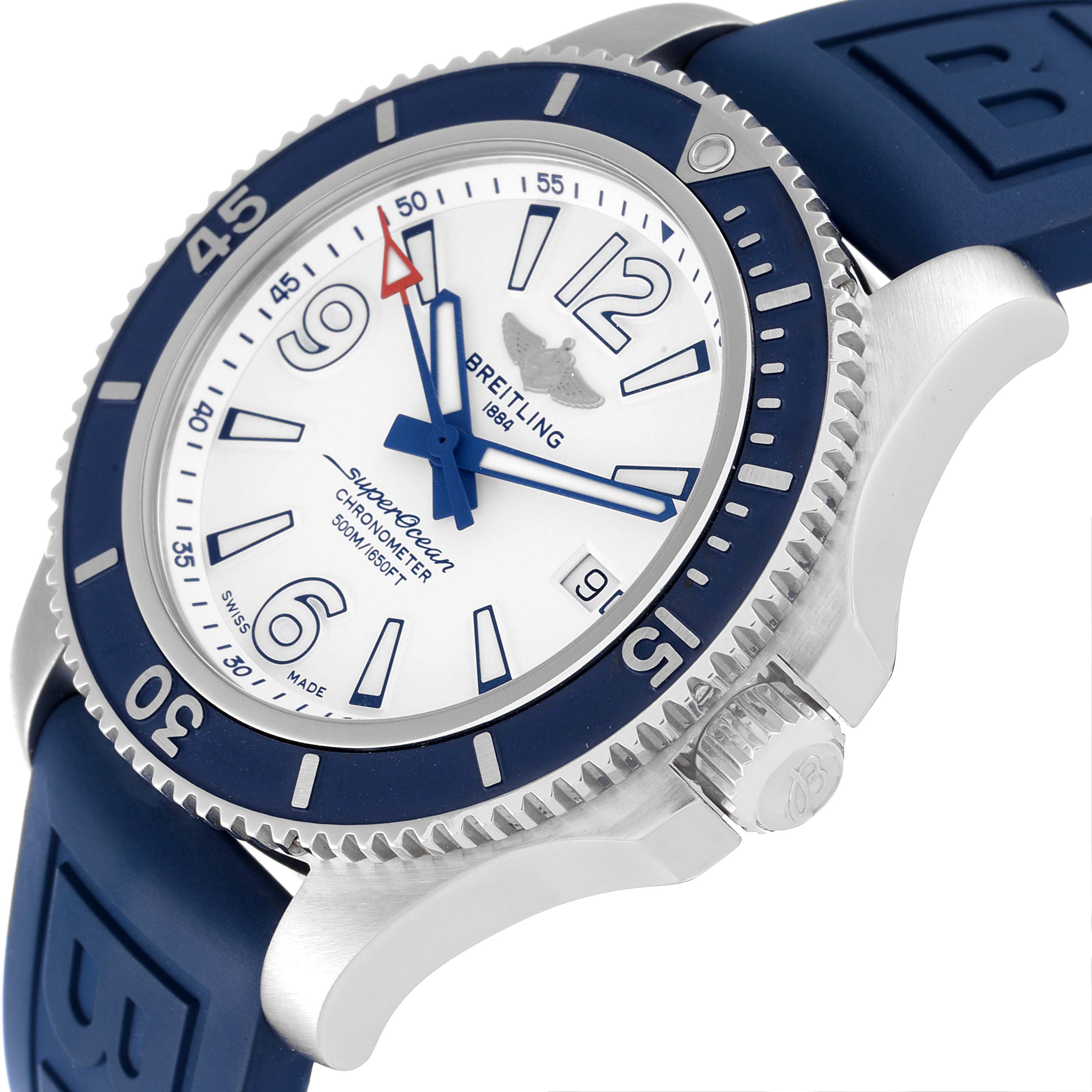 This image shows a Breitling Superocean A17366 Men
s Stainless Steel White Dial A17366 Men
s Stainless Steel White Dial watch at an angle, highlighting the face, bezel, crown, and part of the rubber strap.