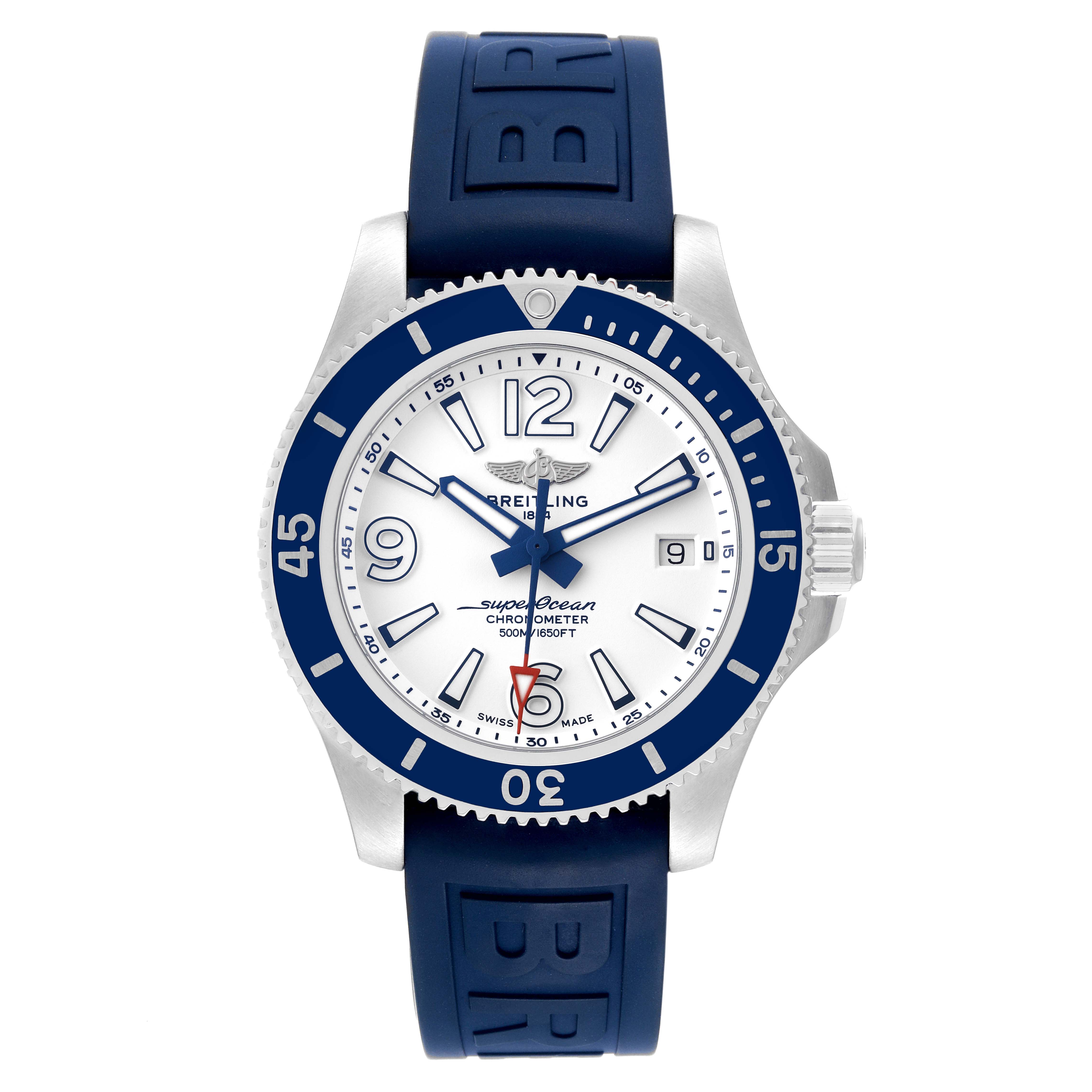 The Breitling Superocean A17366 Men
s Stainless Steel White Dial A17366 Men
s Stainless Steel White Dial watch is shown from a front angle, highlighting its face, bezel, and strap.