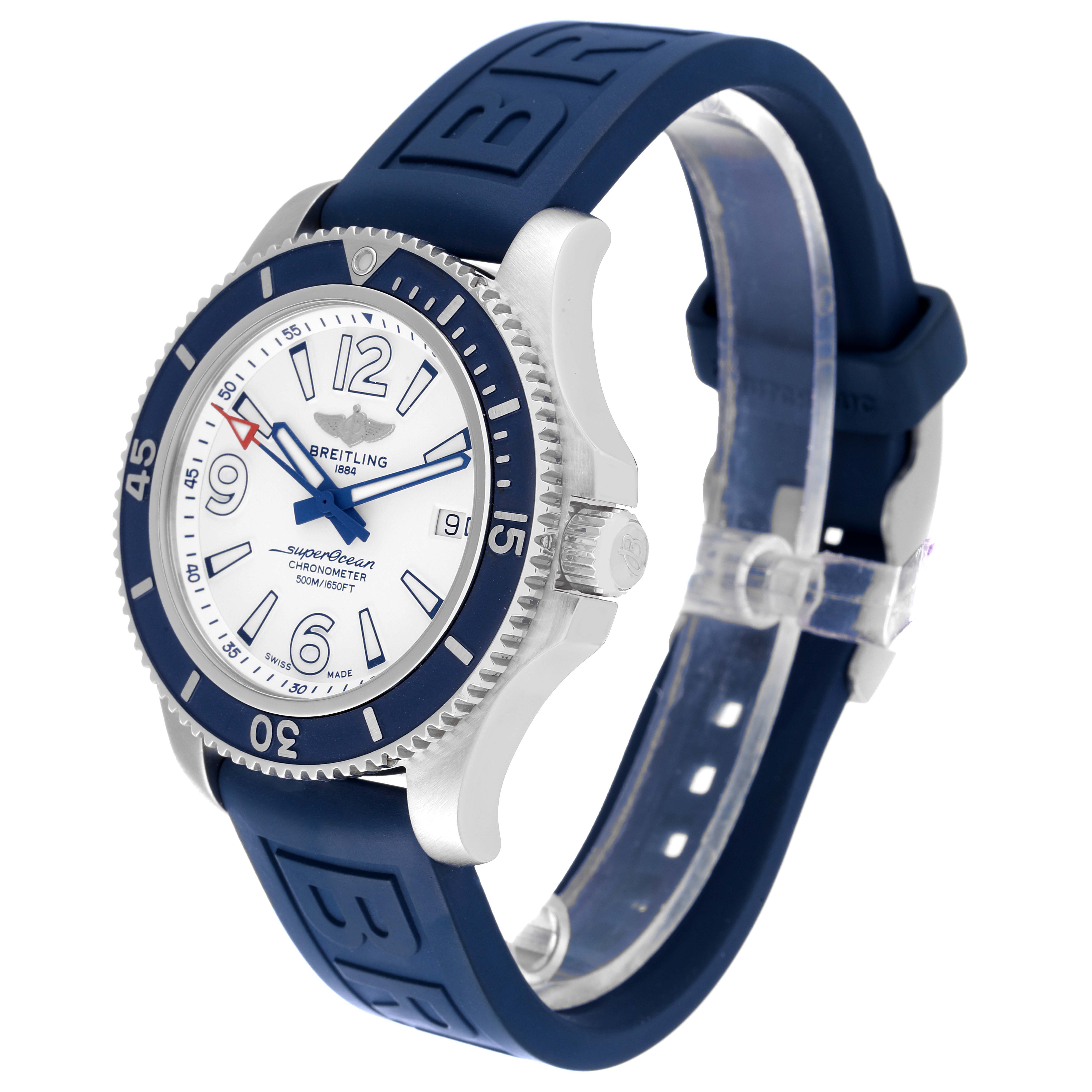 The image shows a Breitling Superocean A17366 Men
s Stainless Steel White Dial A17366 Men
s Stainless Steel White Dial watch at a slight angle, highlighting its face, bezel, and blue rubber strap.