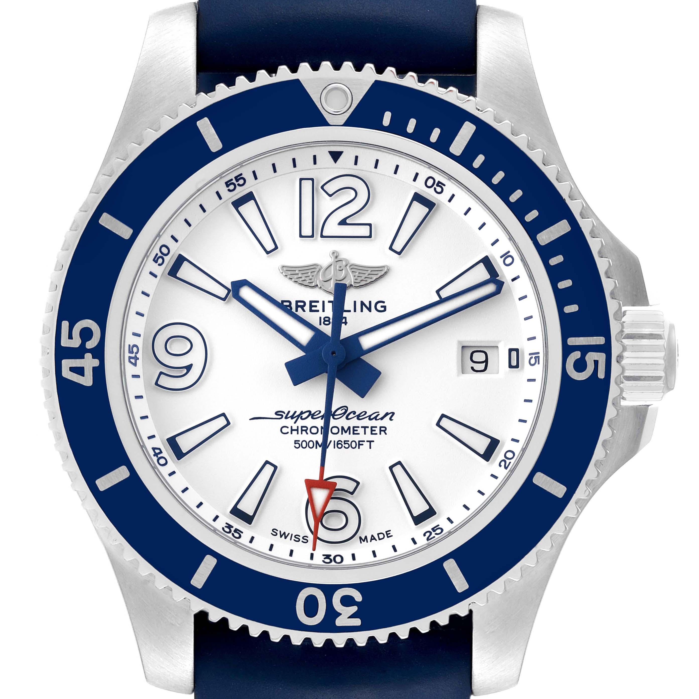 This Breitling Superocean A17366 Men
s Stainless Steel White Dial A17366 Men
s Stainless Steel White Dial watch is shown from a straight-on angle, highlighting its bezel, face, and crown.