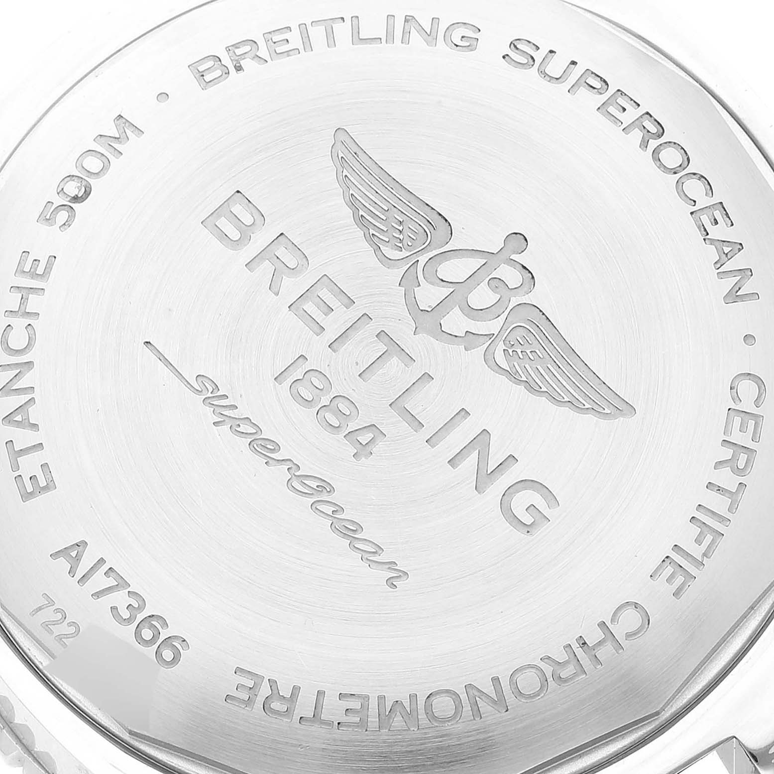 The image shows the engraved back case of a Breitling Superocean A17366 Men
s Stainless Steel White Dial A17366 Men
s Stainless Steel White Dial watch, displaying the brand logo and model details.