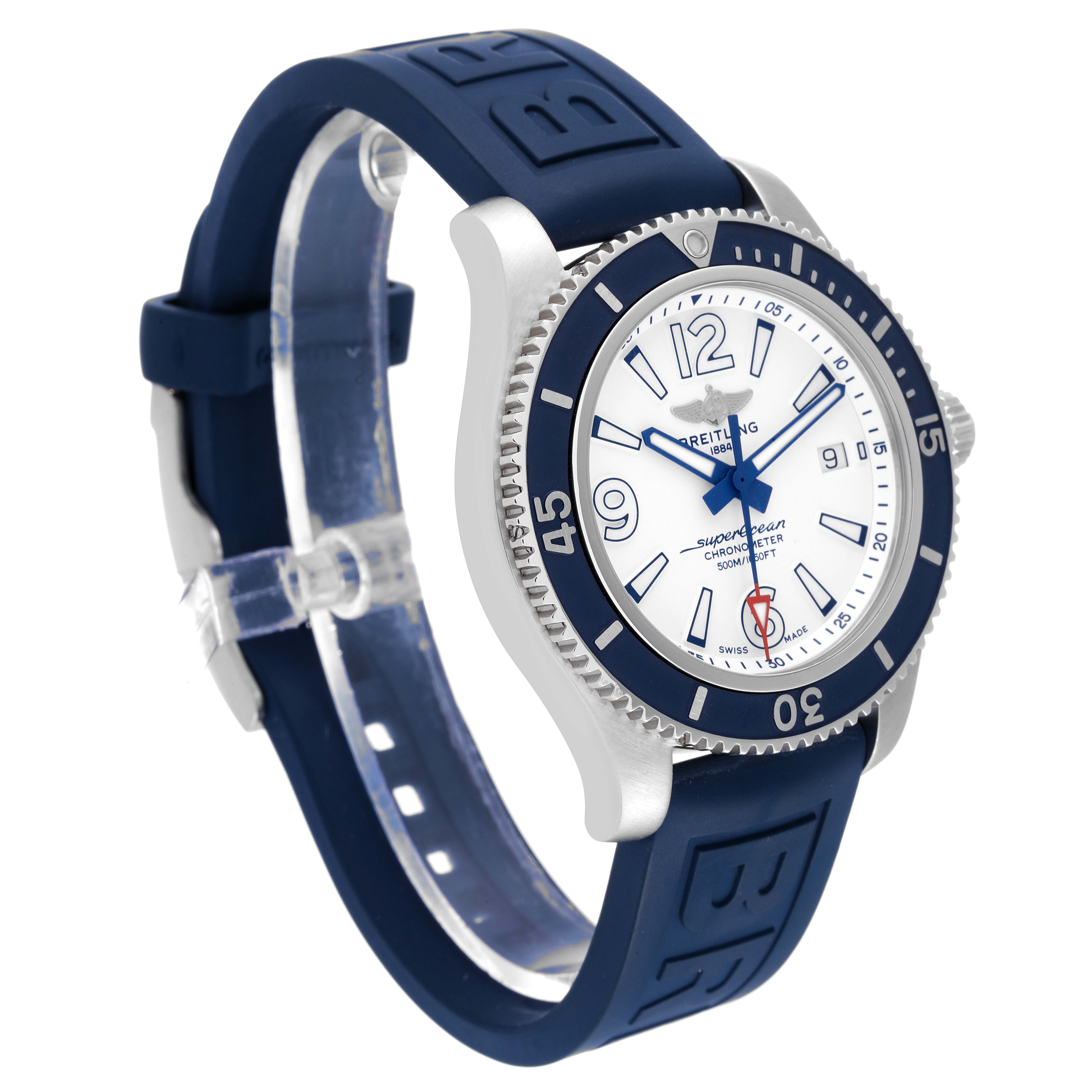 The image displays a Breitling Superocean A17366 Men
s Stainless Steel White Dial A17366 Men
s Stainless Steel White Dial watch angled to show its face, bezel, and blue rubber strap.