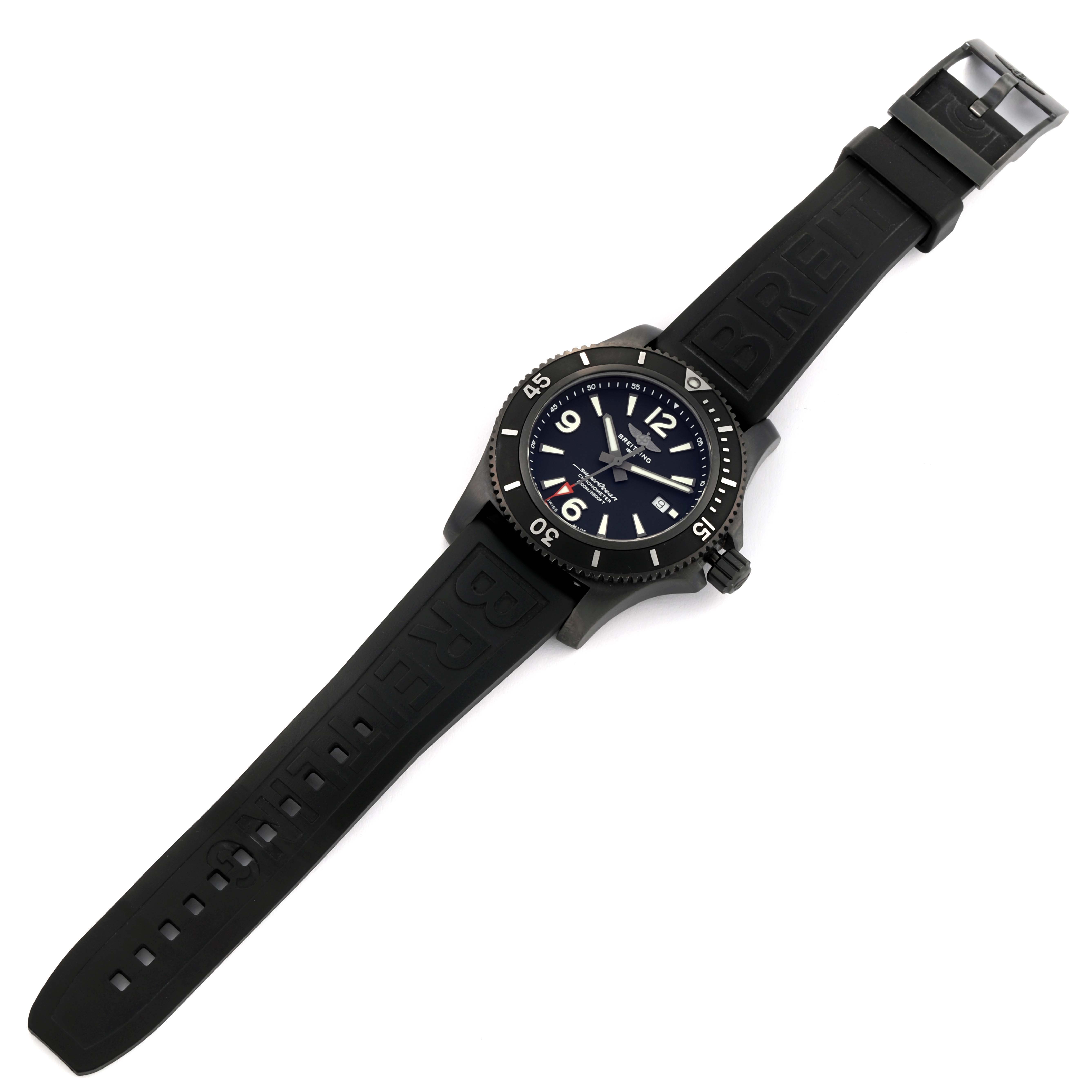 The Breitling Superocean M17368 Men's Stainless Steel Black Dial M17368 Men's Stainless Steel Black Dial watch is shown from an overhead angle, displaying the face, bezel, and black rubber strap.