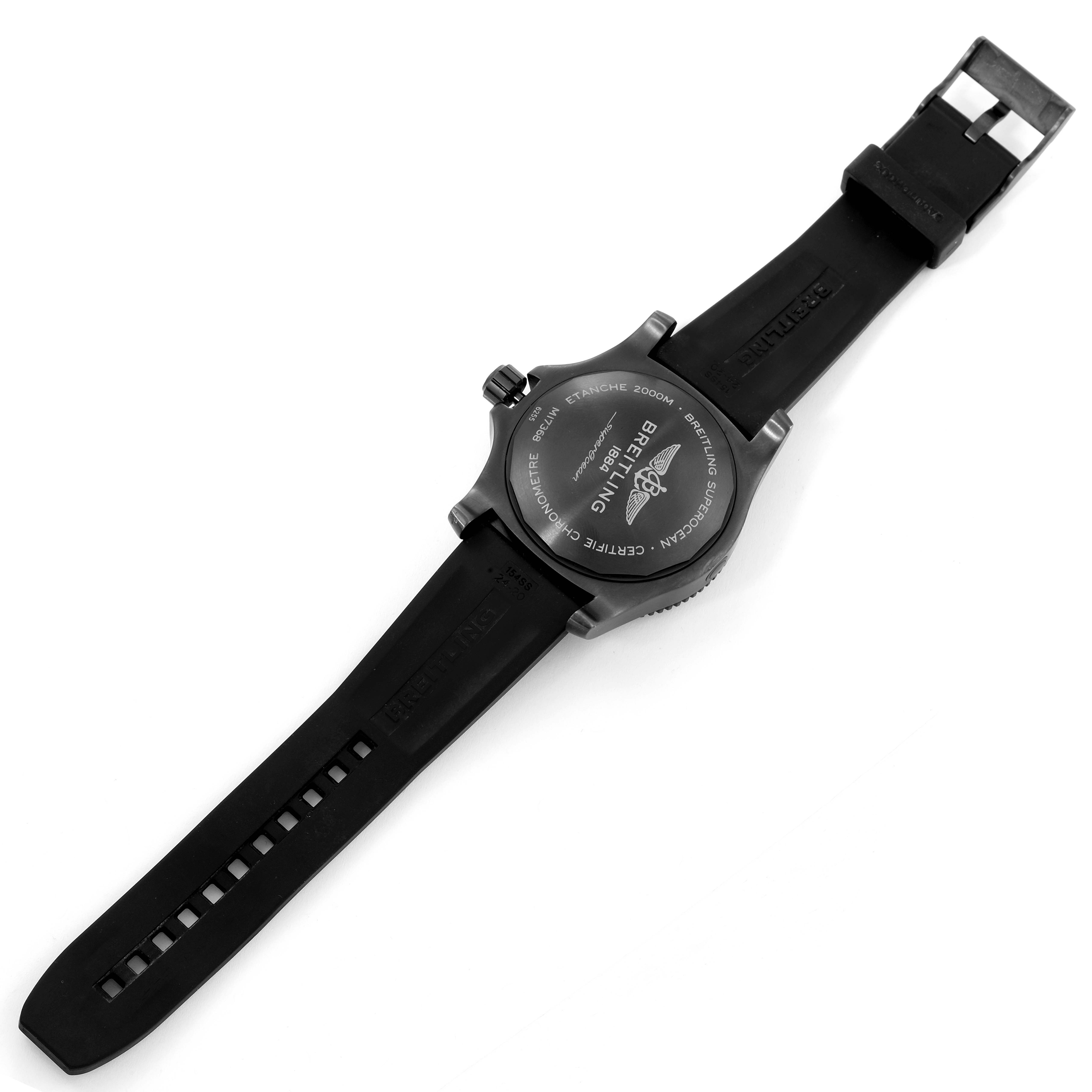 The image shows the back view of a Breitling Superocean M17368 Men's Stainless Steel Black Dial M17368 Men's Stainless Steel Black Dial watch, including the case back and black rubber strap.