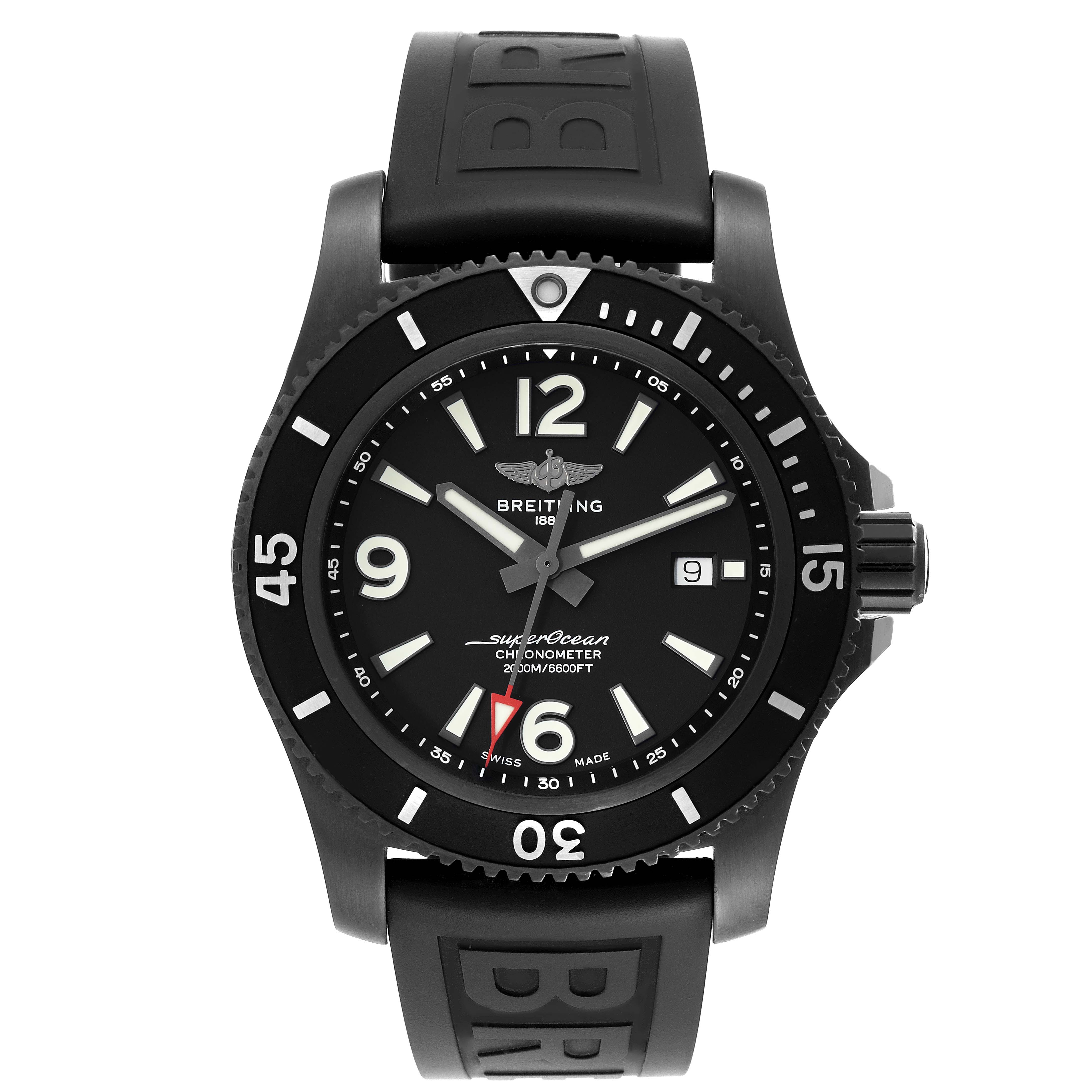 This is a front view of the Breitling Superocean M17368 Men's Stainless Steel Black Dial M17368 Men's Stainless Steel Black Dial watch, showing its dial, bezel, and rubber strap.