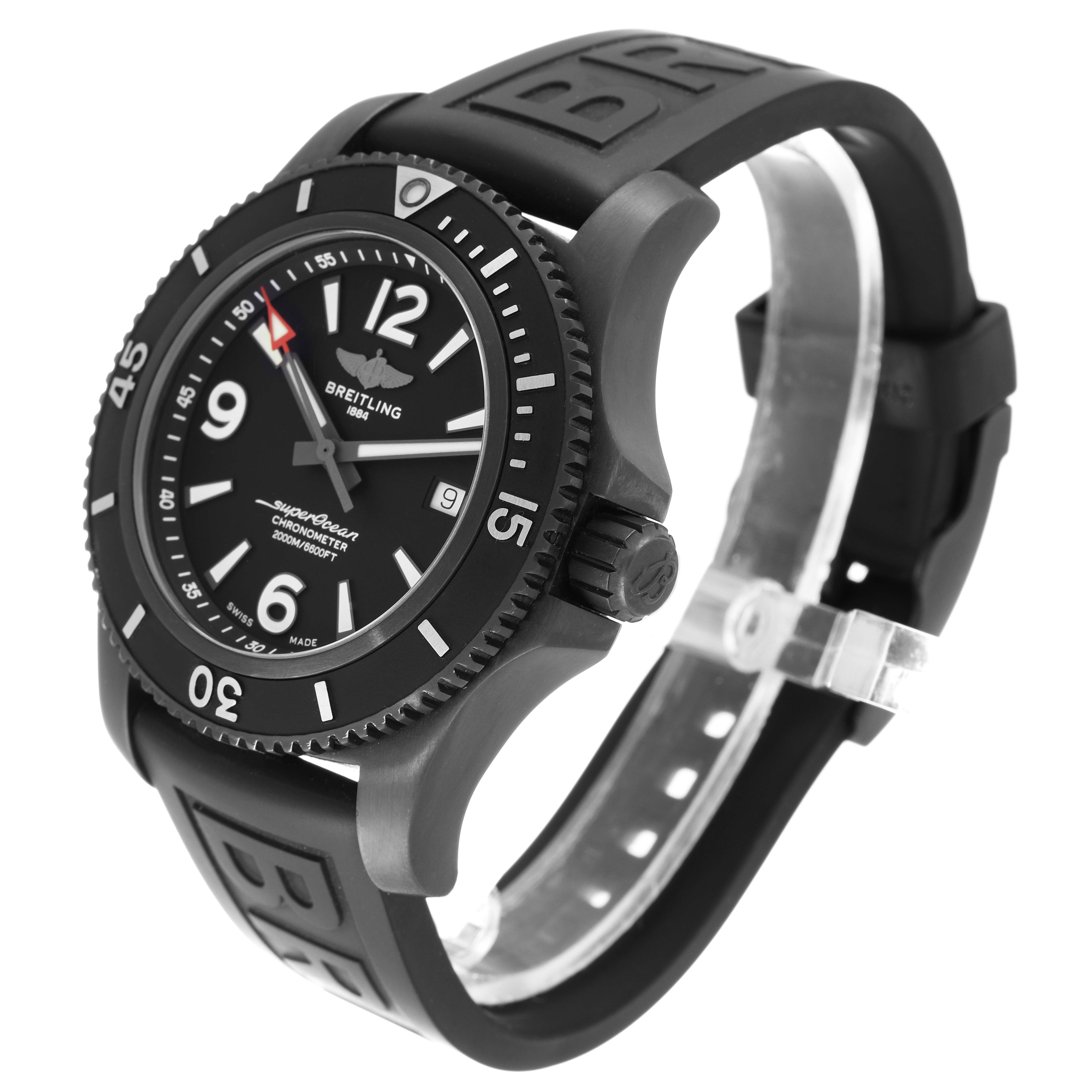 The image shows a three-quarter view of a Breitling Superocean M17368 Men's Stainless Steel Black Dial M17368 Men's Stainless Steel Black Dial watch, highlighting the bezel, dial, case, and rubber strap.