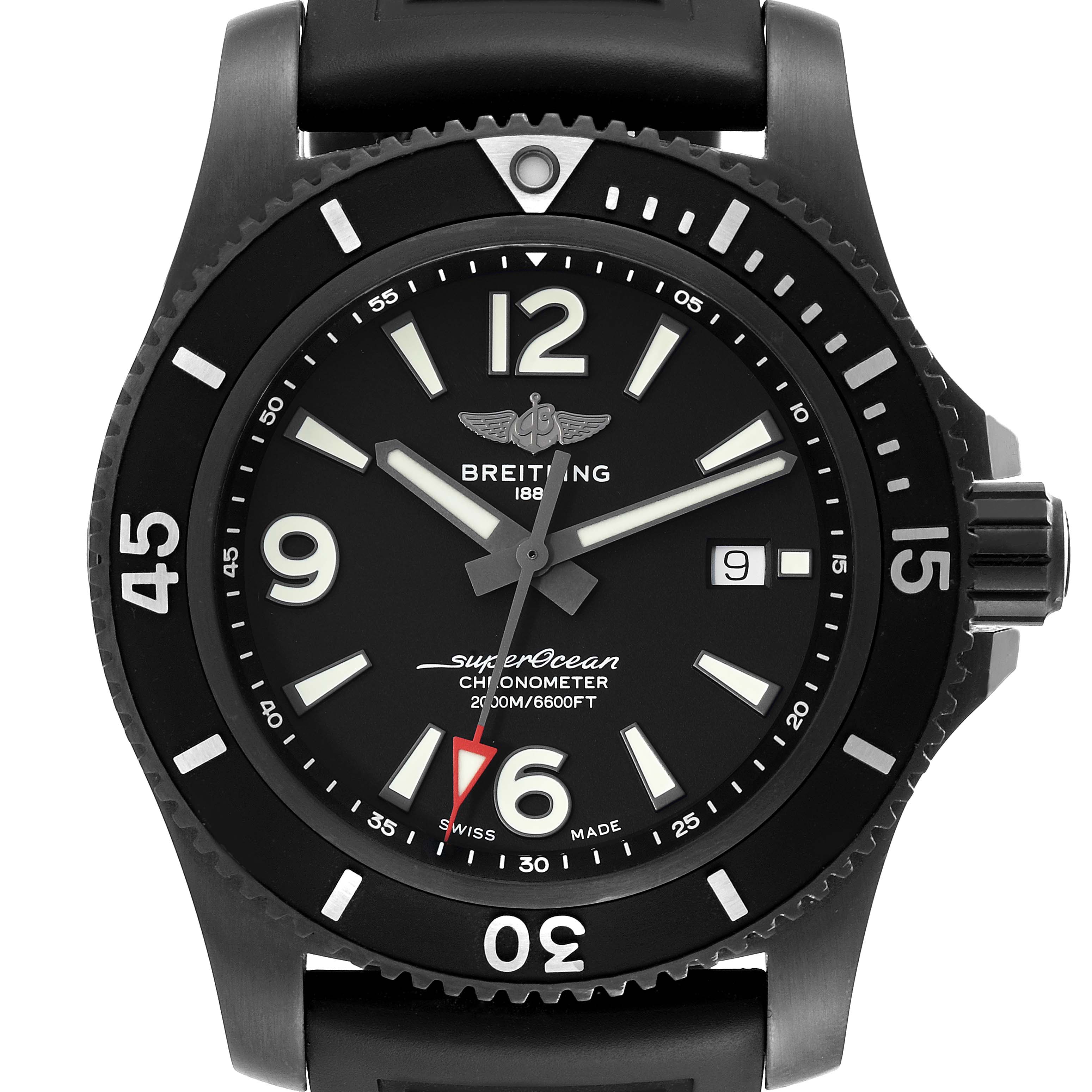 The image shows the Breitling Superocean M17368 Men's Stainless Steel Black Dial M17368 Men's Stainless Steel Black Dial watch from a front angle, highlighting the dial, bezel, and strap.