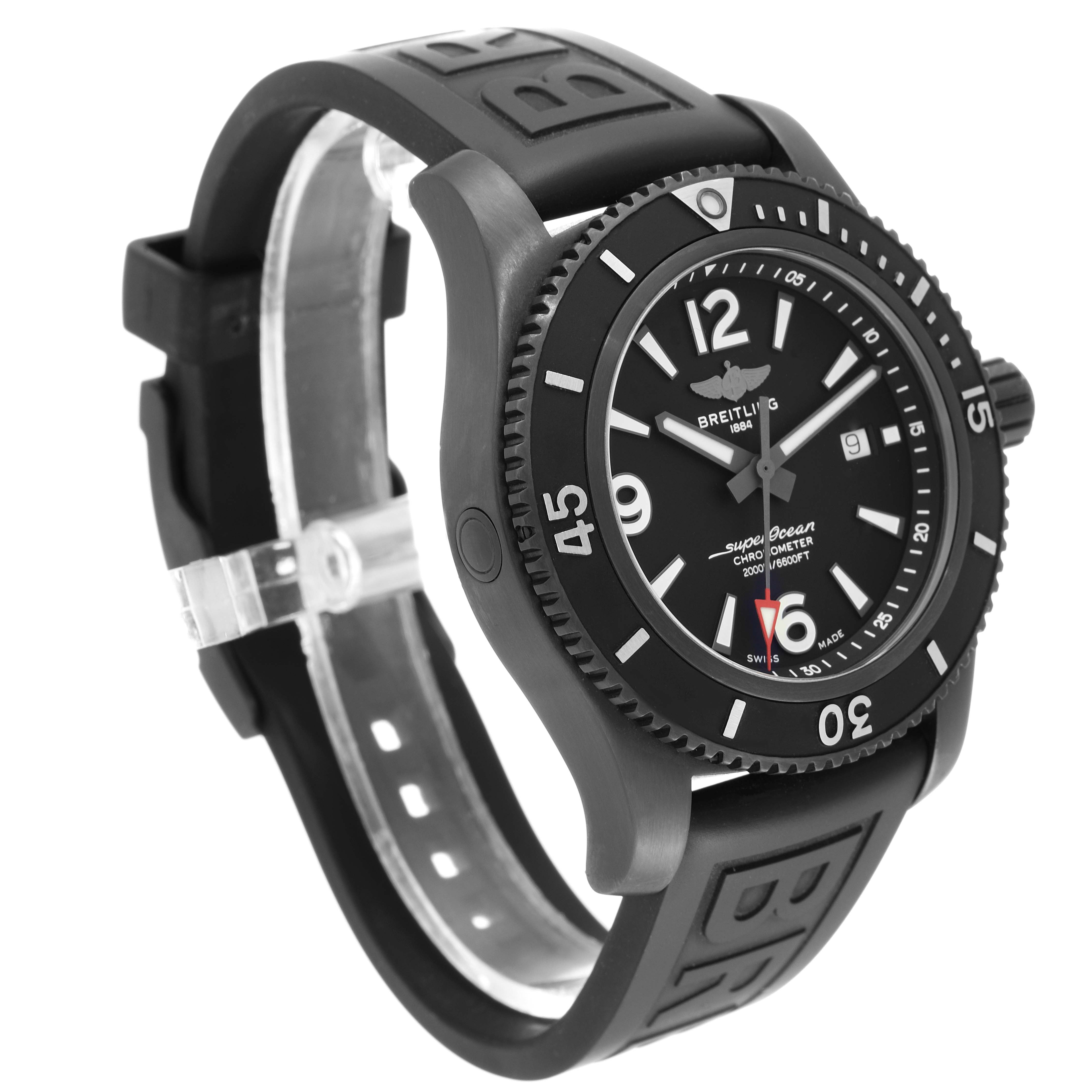 The image shows a side-angle view of the Breitling Superocean M17368 Men's Stainless Steel Black Dial M17368 Men's Stainless Steel Black Dial watch, highlighting its black bezel, dial, and rubber strap.