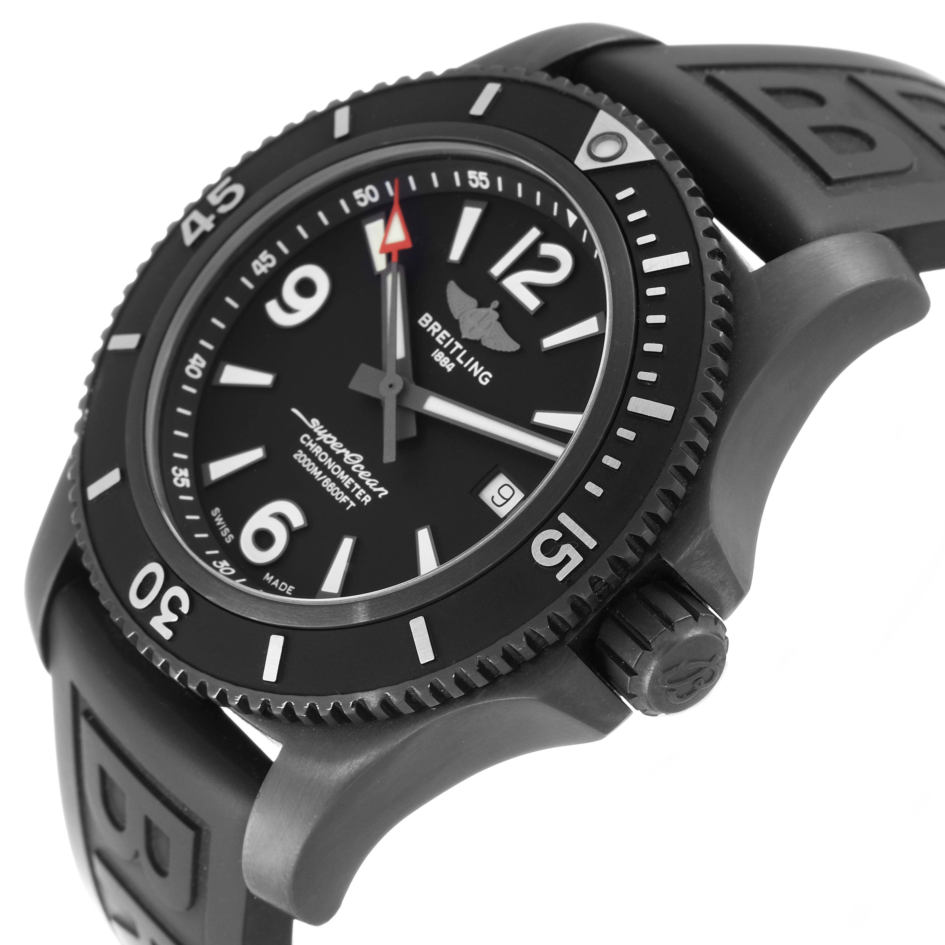 This image shows a Breitling Superocean M17368 Men's Stainless Steel Black Dial M17368 Men's Stainless Steel Black Dial watch at a slight side angle, highlighting the face, bezel, crown, and part of the strap.