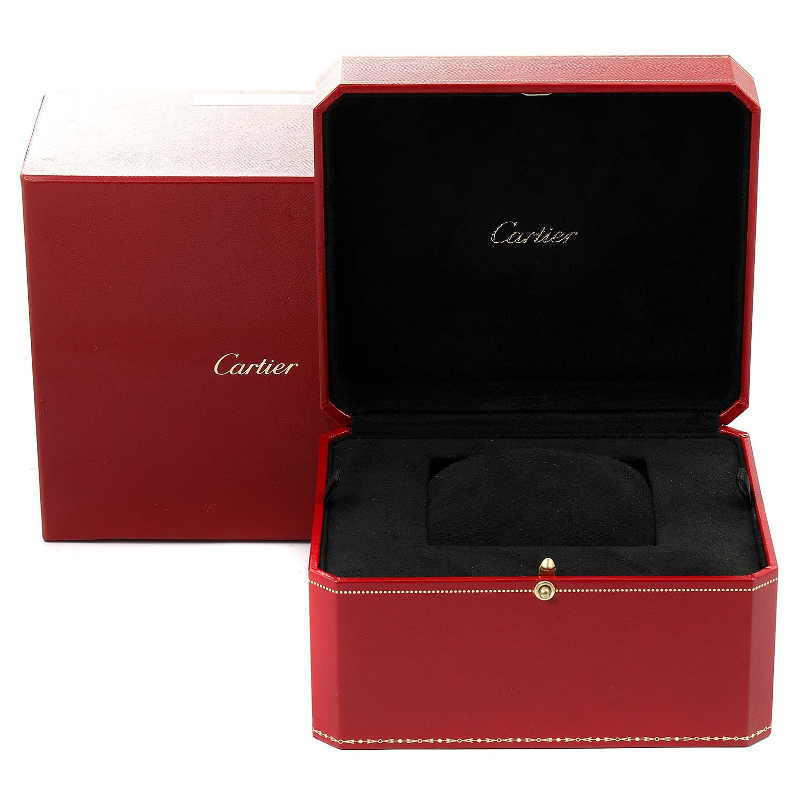 The image shows the open red box of the Panthere model by Cartier, revealing the interior cushion and "Cartier" branding.