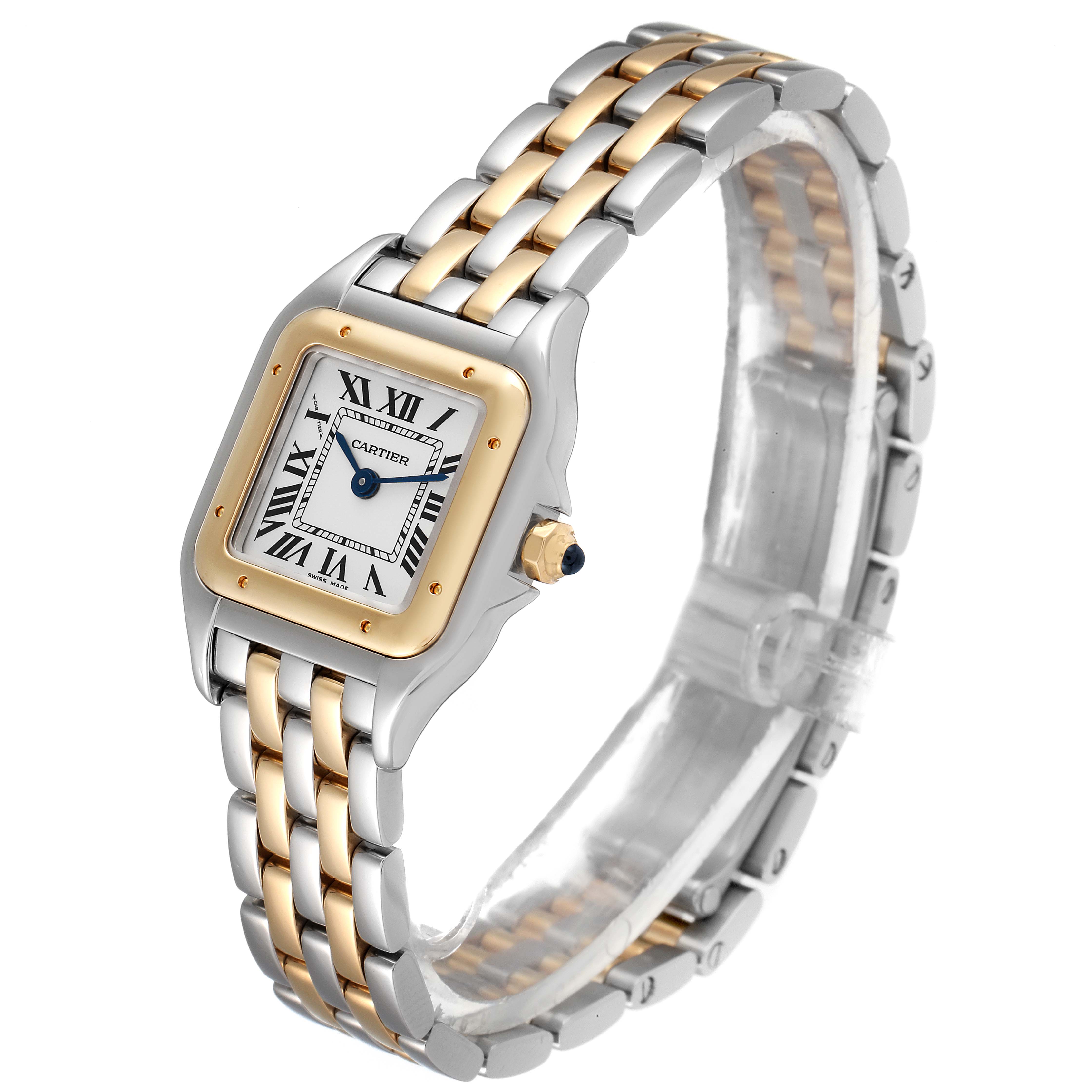 The Cartier Panthere W2PN0006 Women's Steel and Gold (two tone) Silver Dial W2PN0006 Women's Steel and Gold (two tone) Silver Dial model watch is shown from an angled view, displaying the face, bezel, crown, and bracelet.