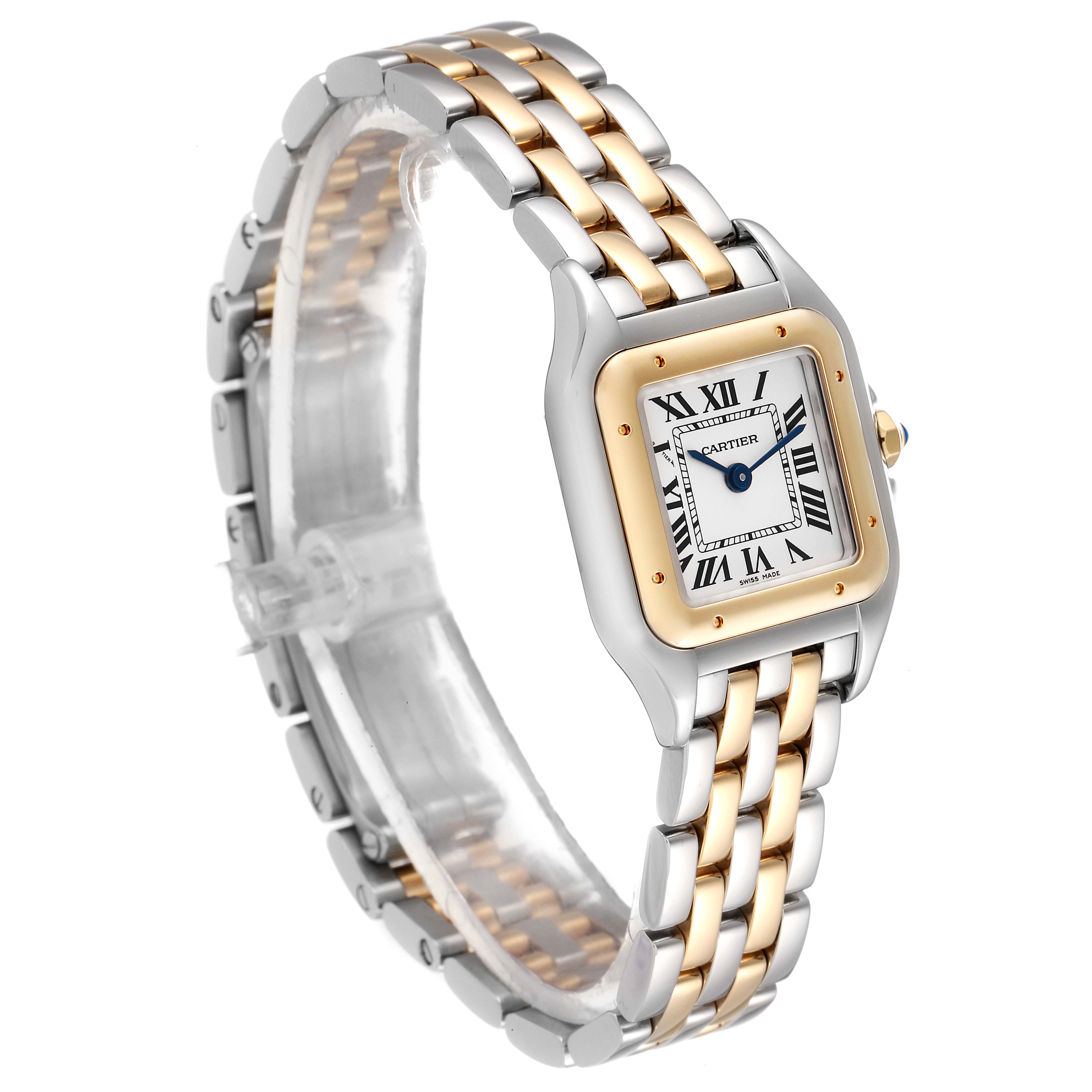 The image shows a Cartier Panthere W2PN0006 Women's Steel and Gold (two tone) Silver Dial W2PN0006 Women's Steel and Gold (two tone) Silver Dial watch at an angle, highlighting its two-tone band and square face with Roman numerals.
