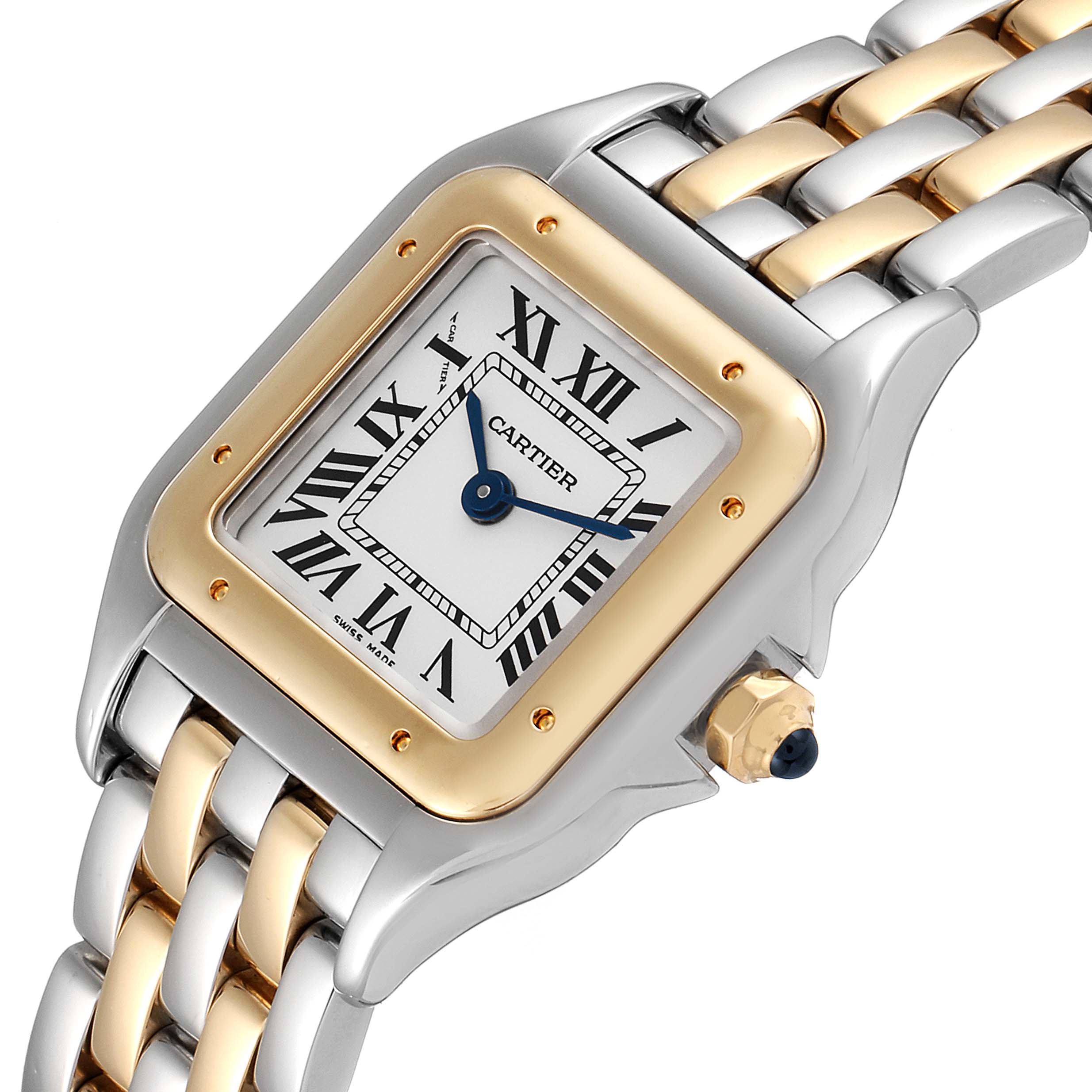 This image shows a close-up angle of the Cartier Panthere W2PN0006 Women's Steel and Gold (two tone) Silver Dial W2PN0006 Women's Steel and Gold (two tone) Silver Dial watch, highlighting its face, bezel, and part of the bracelet.