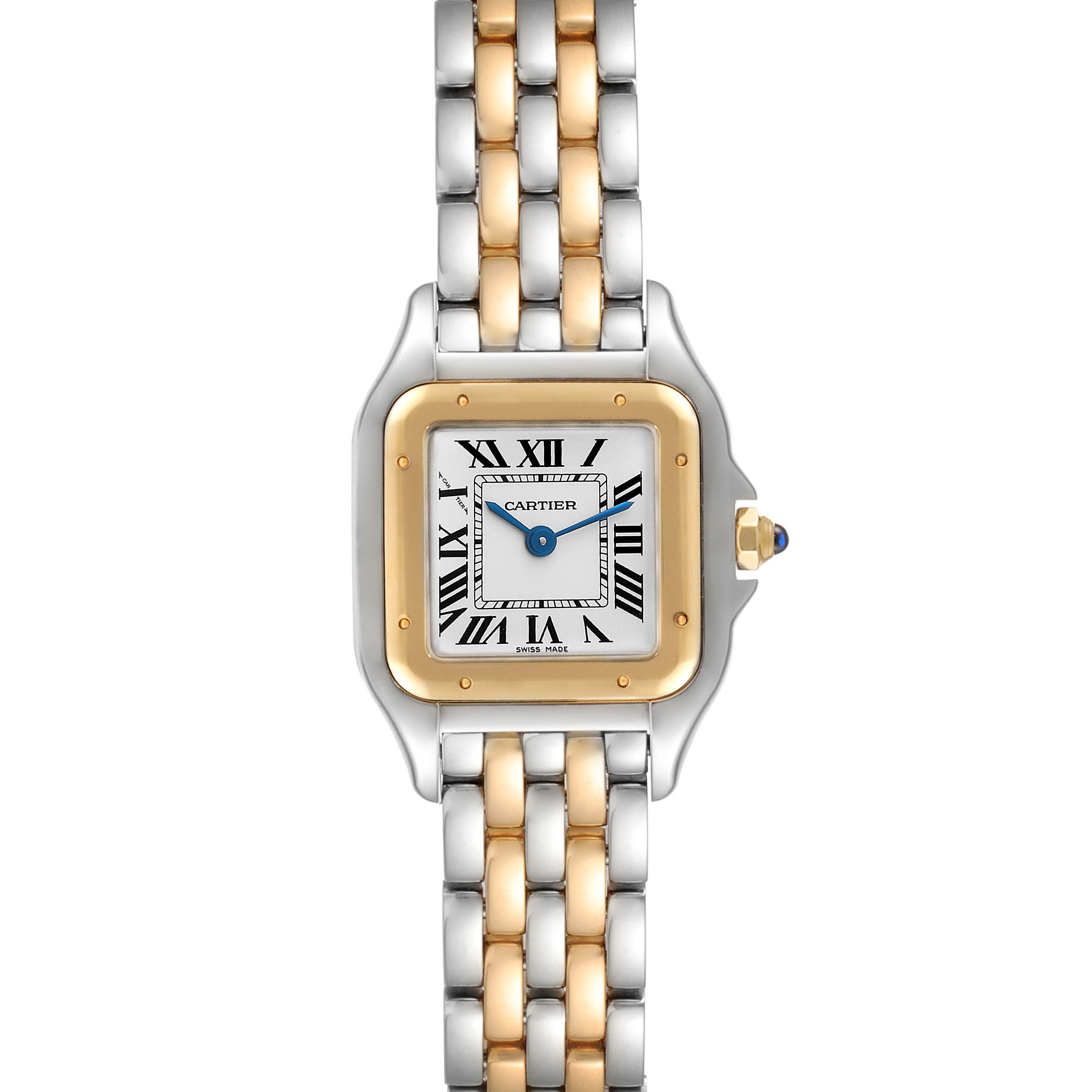 This image shows a front view of the Cartier Panthere W2PN0006 Women's Steel and Gold (two tone) Silver Dial W2PN0006 Women's Steel and Gold (two tone) Silver Dial watch, highlighting its square face, gold bezel, and bi-metal link bracelet.