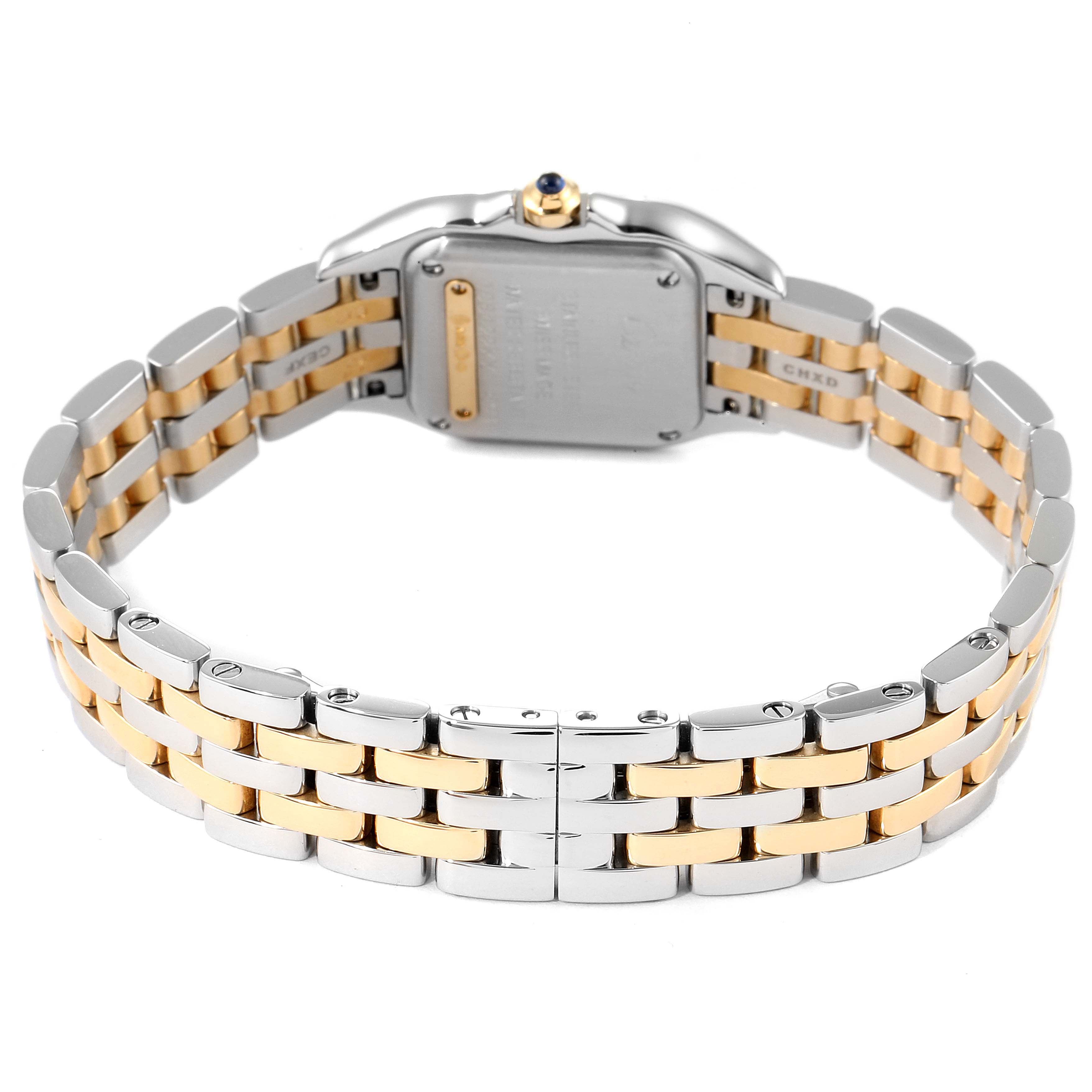 The image shows the back view of a Cartier Panthere W2PN0006 Women's Steel and Gold (two tone) Silver Dial W2PN0006 Women's Steel and Gold (two tone) Silver Dial watch, highlighting its bracelet and case back.