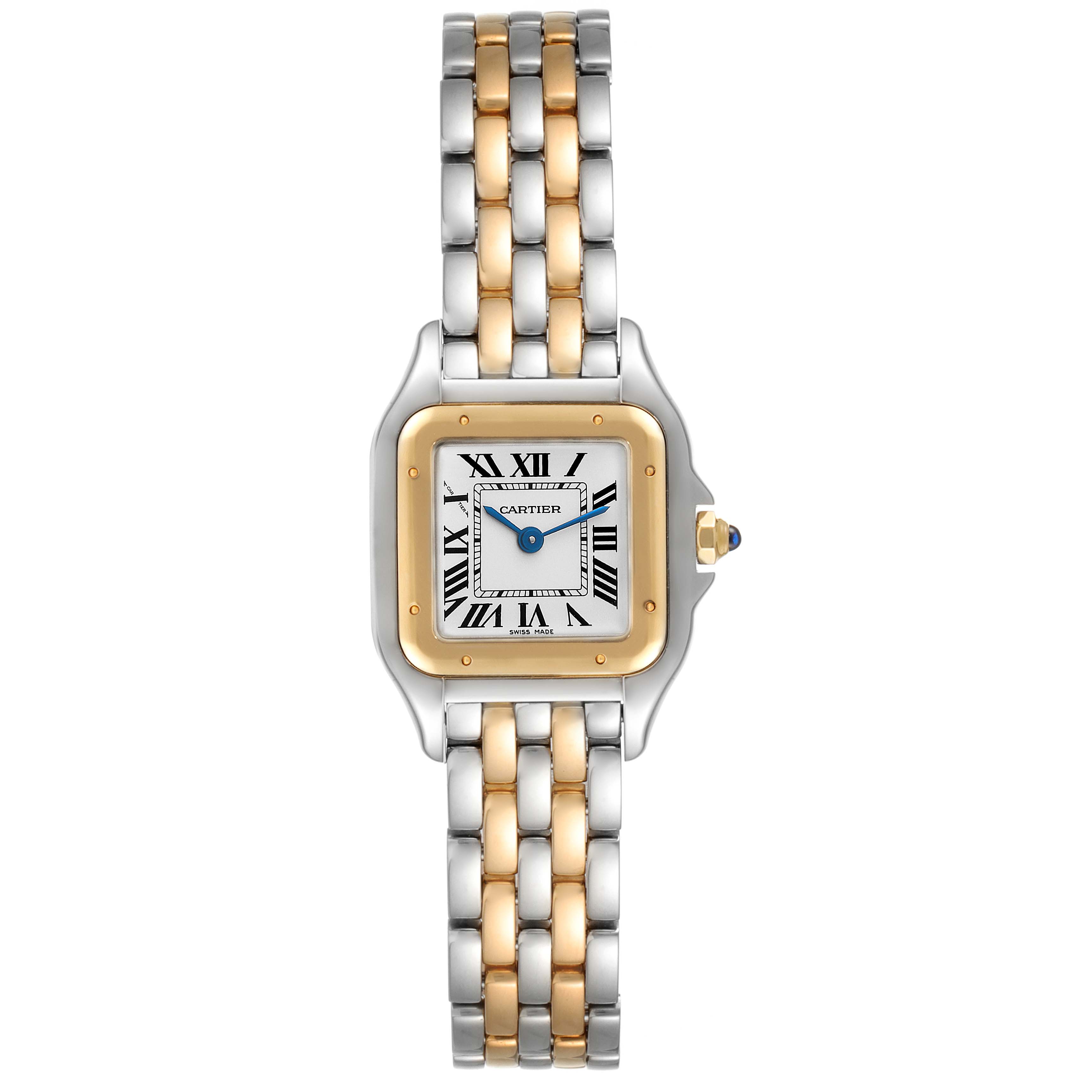 This image shows a Cartier Panthere W2PN0006 Women's Steel and Gold (two tone) Silver Dial W2PN0006 Women's Steel and Gold (two tone) Silver Dial model watch from a top view, highlighting the two-tone metal bracelet and square face with Roman numerals.