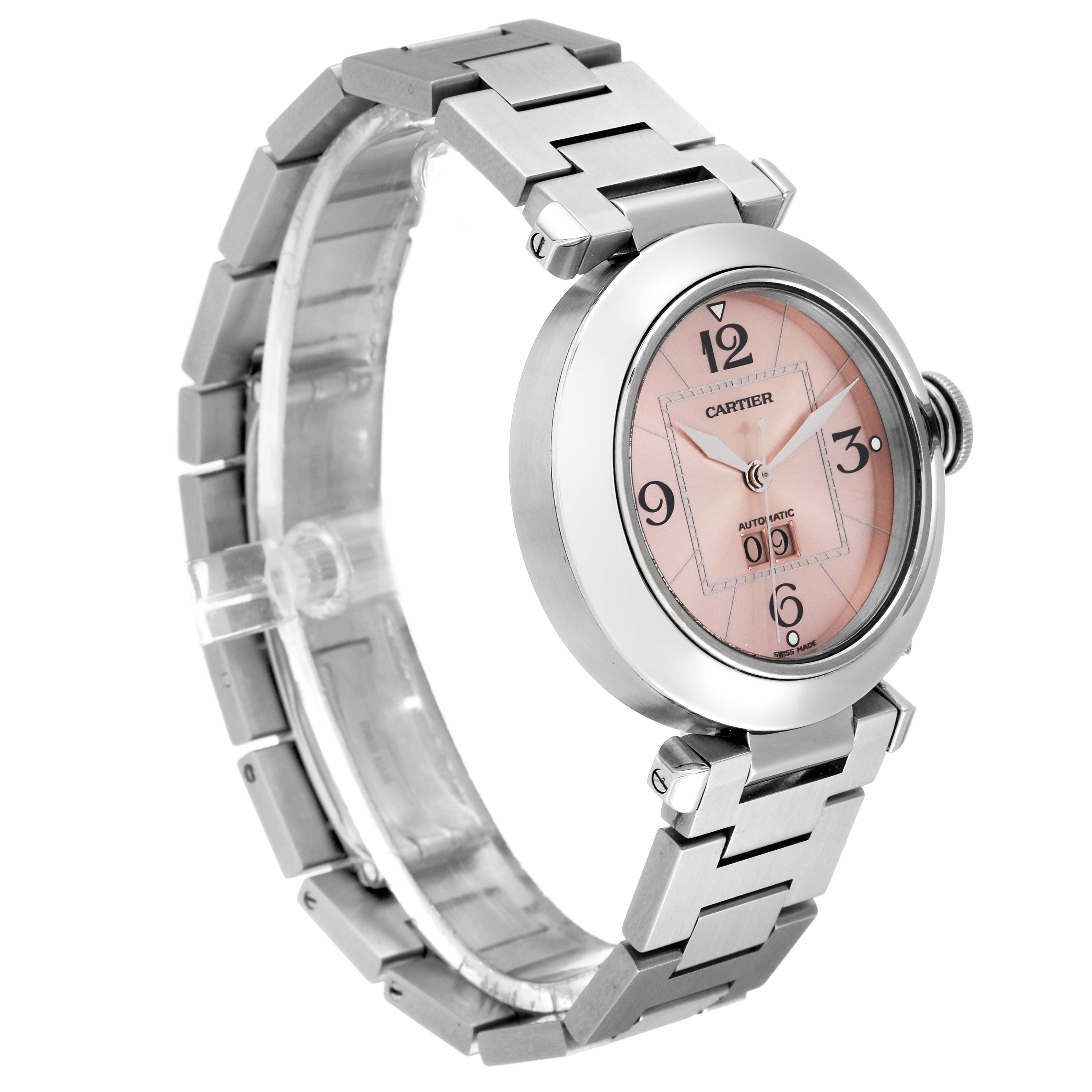 The image shows a Cartier Pasha W31058M7 Women's Stainless Steel Pink Dial W31058M7 Women's Stainless Steel Pink Dial watch from a side angle, featuring its bracelet and pink dial.