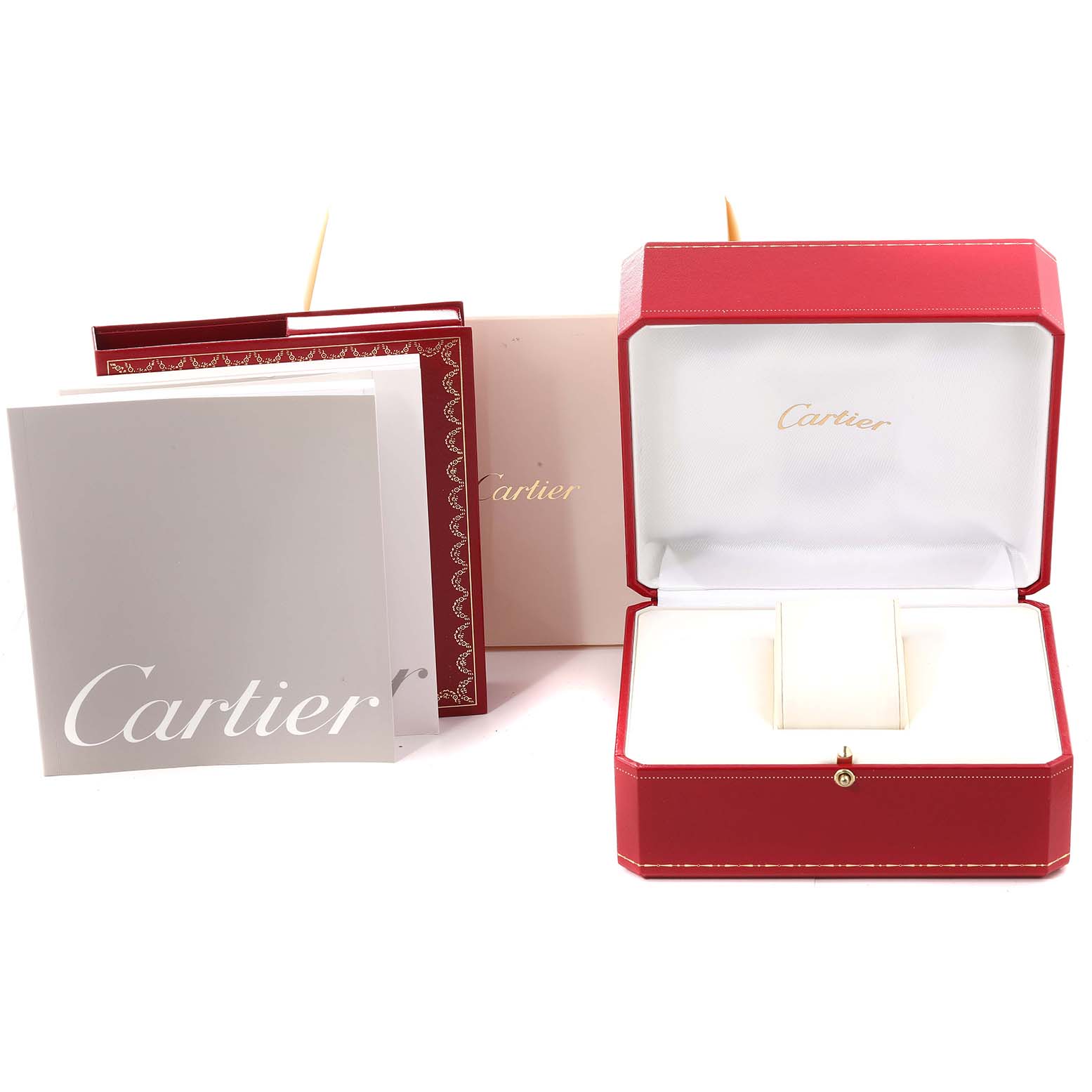 The image shows the packaging and accessories of a Cartier Pasha W31058M7 Women's Stainless Steel Pink Dial W31058M7 Women's Stainless Steel Pink Dial watch, including the red box, user manuals, and a white interior display.