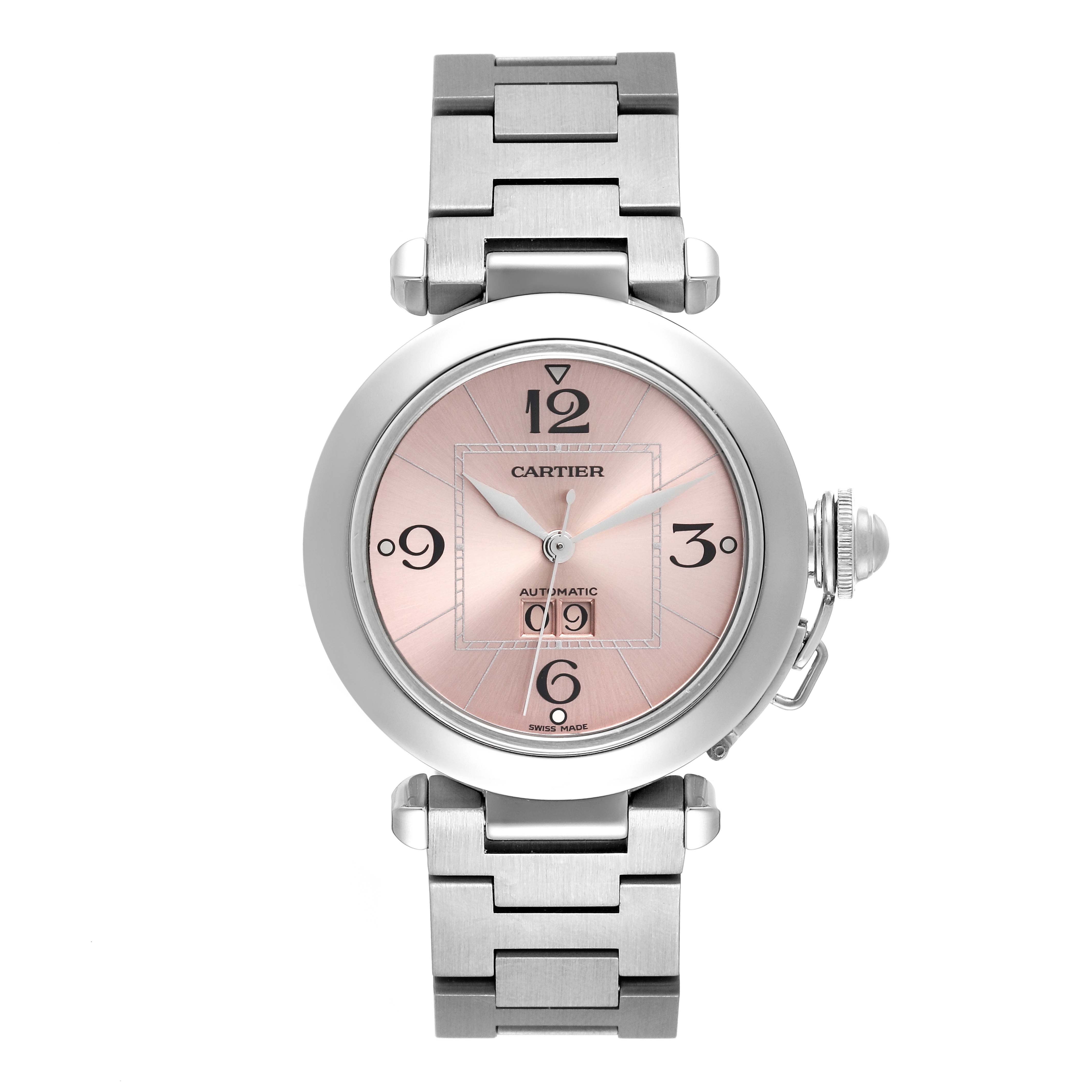 The image shows a Cartier Pasha W31058M7 Women's Stainless Steel Pink Dial W31058M7 Women's Stainless Steel Pink Dial model watch from the front, highlighting its face, bezel, and metal bracelet.