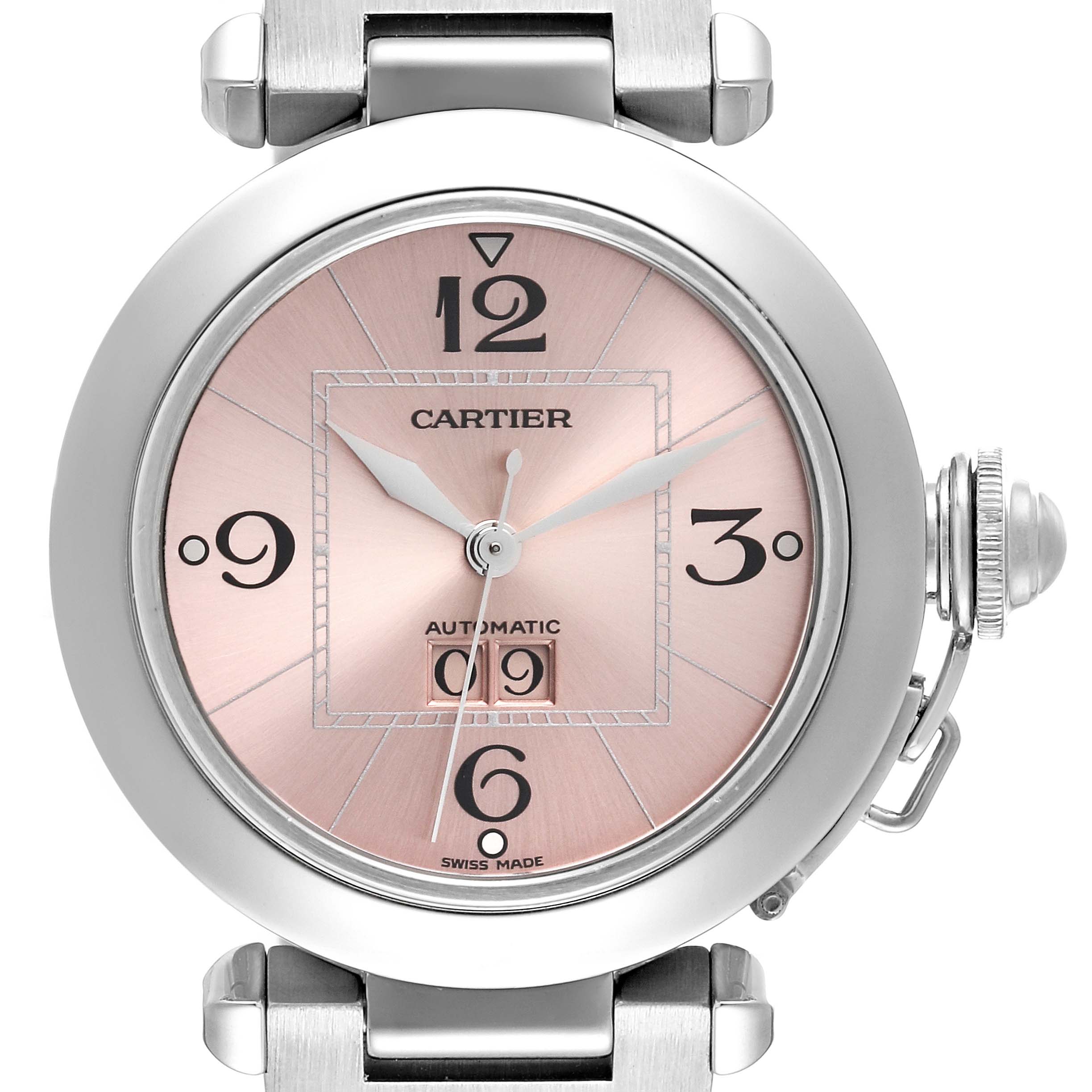 This image shows a front, close-up view of the Pasha de Cartier watch, highlighting its dial, hands, and surrounding case.