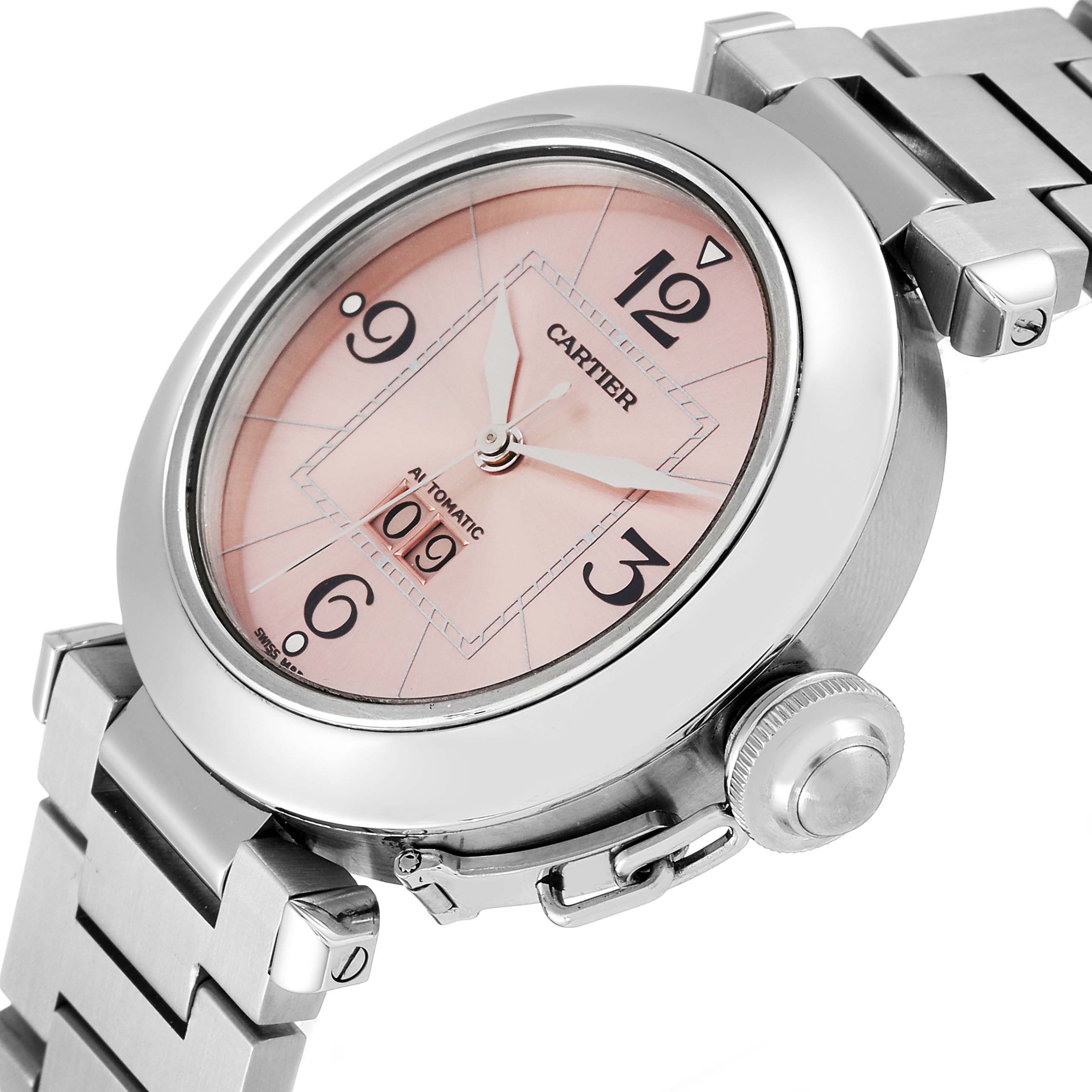 The Cartier Pasha W31058M7 Women's Stainless Steel Pink Dial W31058M7 Women's Stainless Steel Pink Dial watch is shown at a slight angle, revealing its face, bezel, crown, and part of the bracelet.