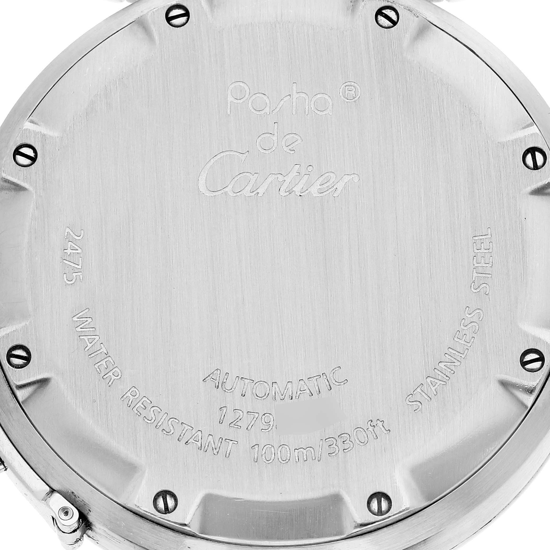 This is the case back of a Cartier Pasha W31058M7 Women's Stainless Steel Pink Dial W31058M7 Women's Stainless Steel Pink Dial watch, displaying specifications and engraving.