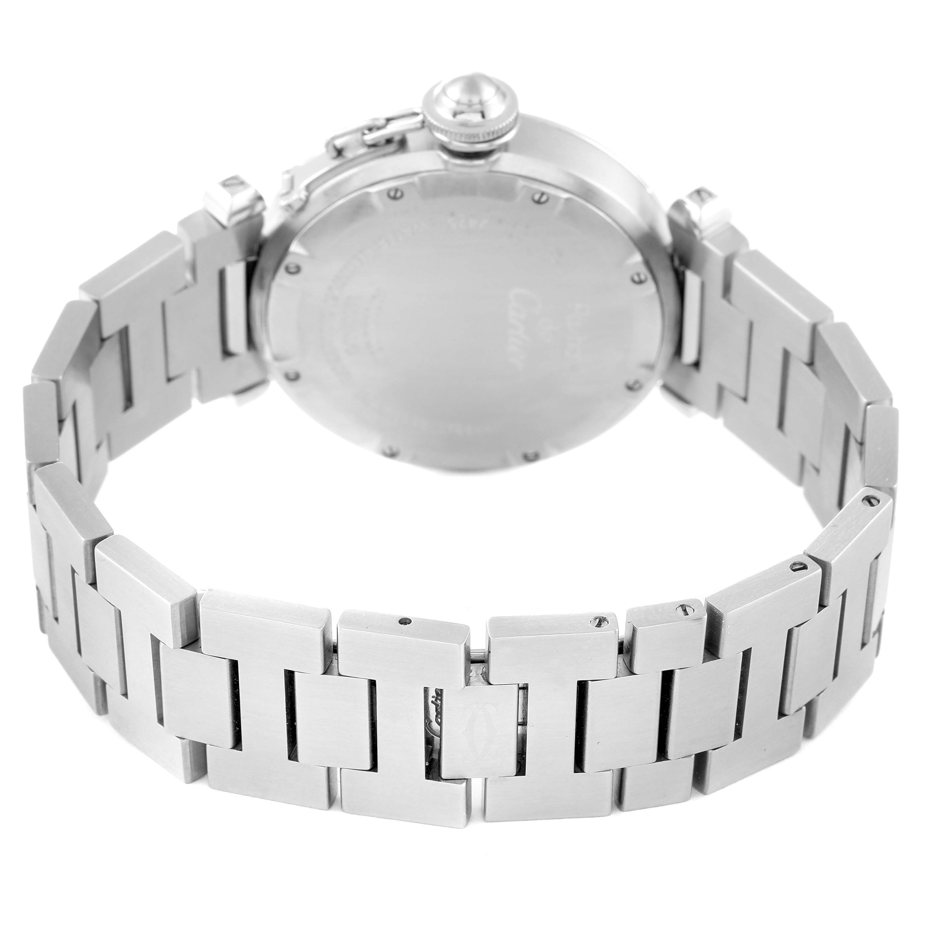 The image shows the back view of a Cartier Pasha W31058M7 Women's Stainless Steel Pink Dial W31058M7 Women's Stainless Steel Pink Dial watch, highlighting the case back and metal bracelet.